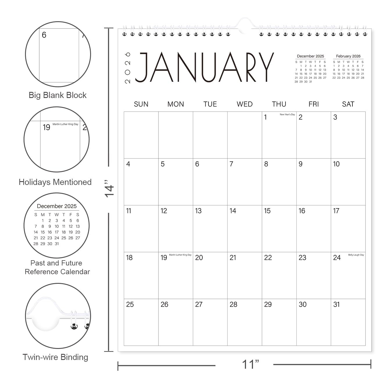 2026 Calendar – 18-Month 11″ x 14″ wall vertical, Black-Large-Word Vertical