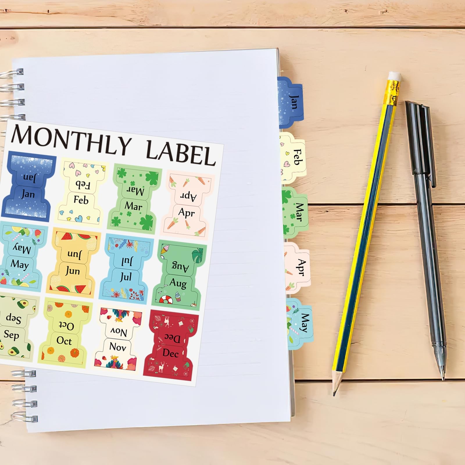 2 Sheets Colorful Monthly Adhesive Tabs, 24 Pcs Monthly Divider Tabs, 1-12 Mo