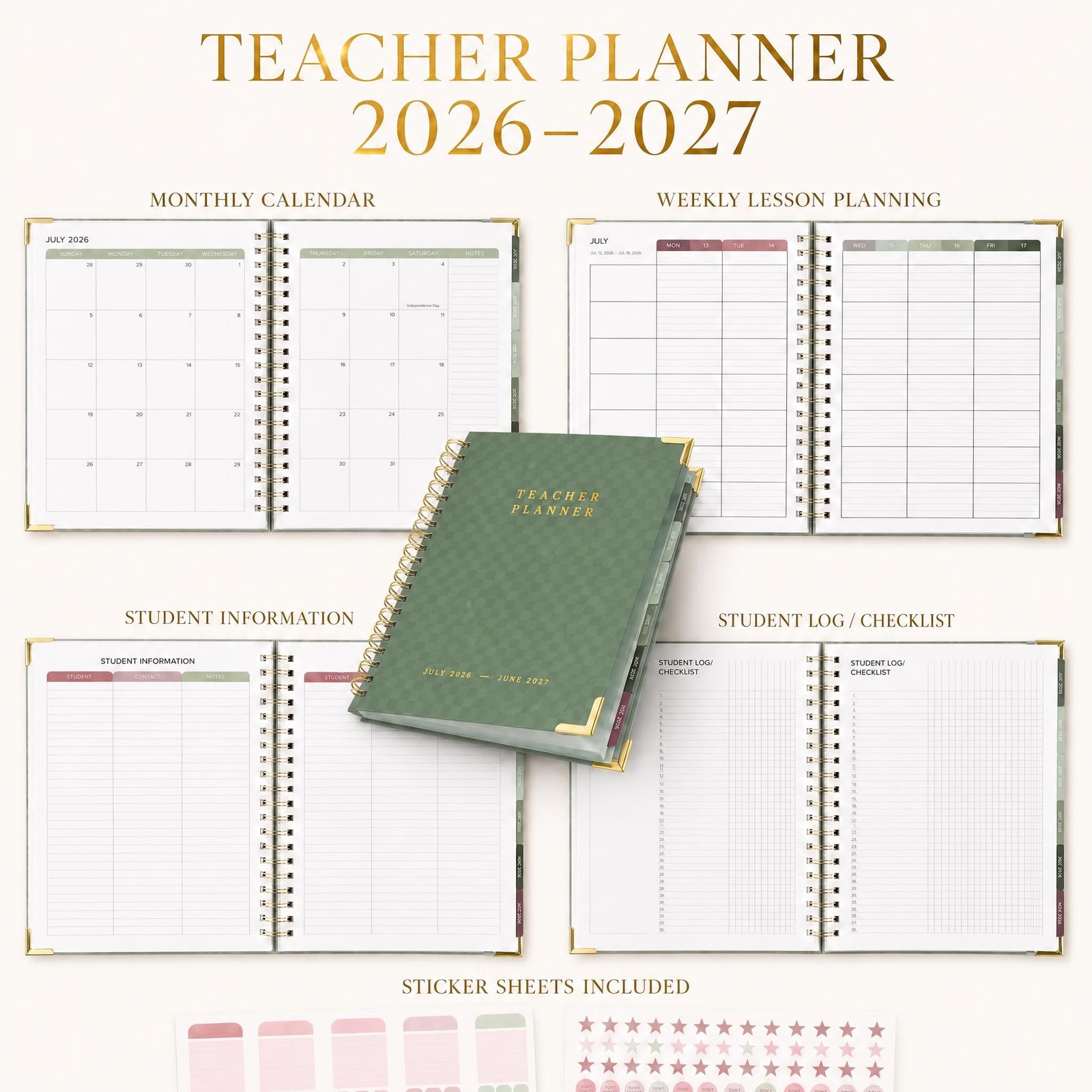 Aesthetic Teacher Planner For The 2026-2027 Academic 8.5 x 11 inches, Sage