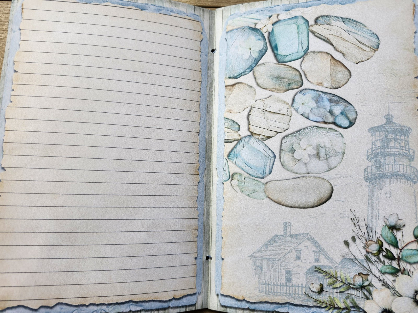 Junk Journal Booklet “BEACH HOUSE” HANDMADE Beach Ocean Sea Vacation 6″x9″ 40pg