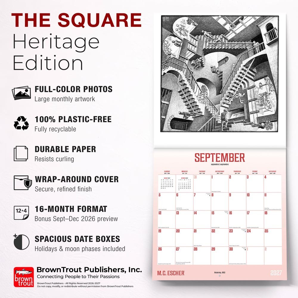 M.C. Escher OFFICIAL | 2027 12×24″ (Hanging) Square Wall Calendar | Plastic-Free