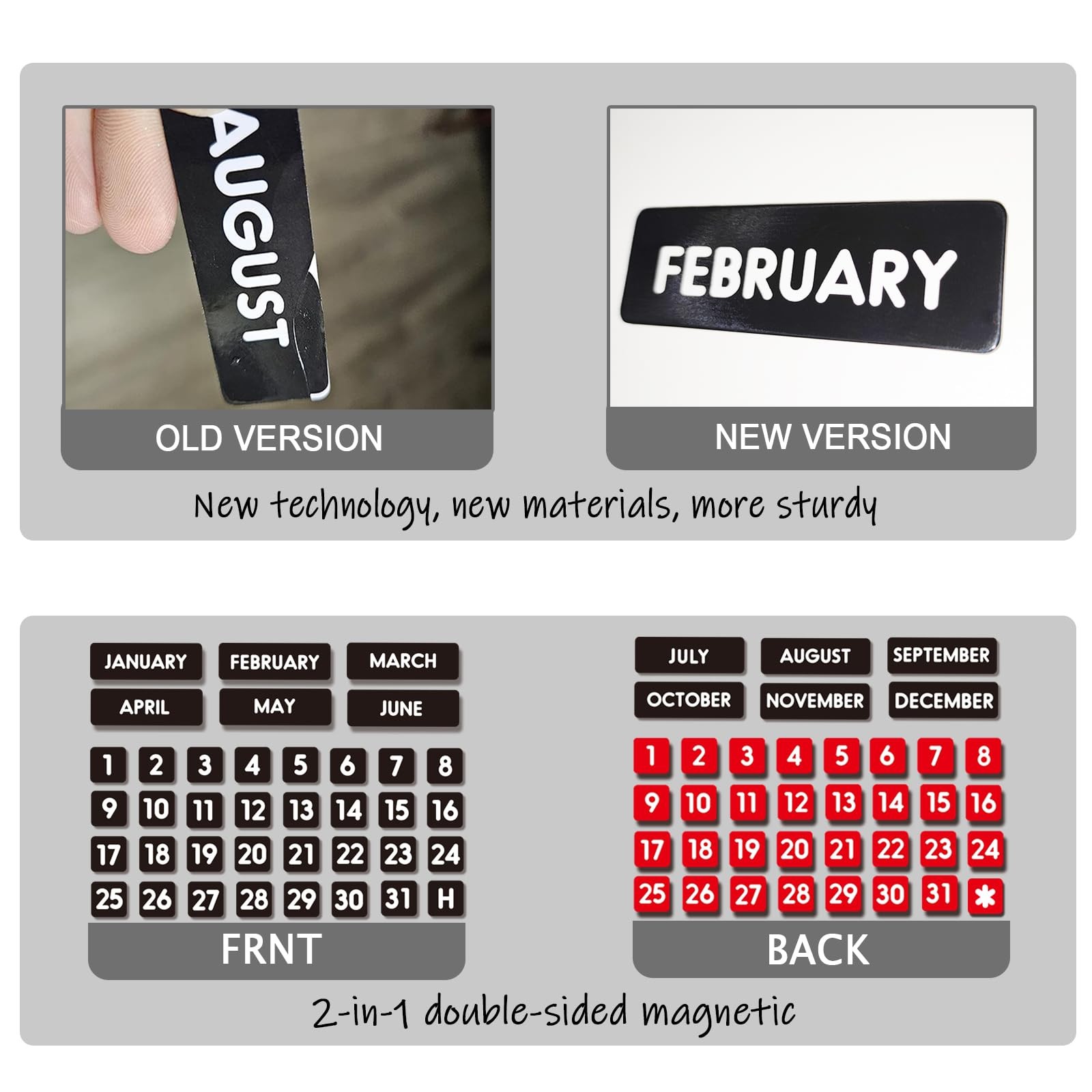 Double-Sided Magnetic Numbers and Months size 0.55″x0.55″, Black-red