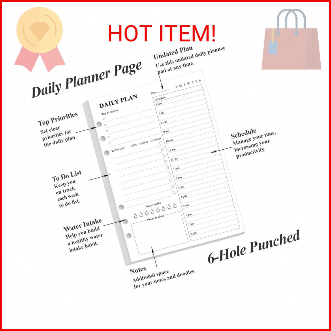 6-Hole Punched To Do List Insert – Undated Daily Planner Refill for A5 Binder,10