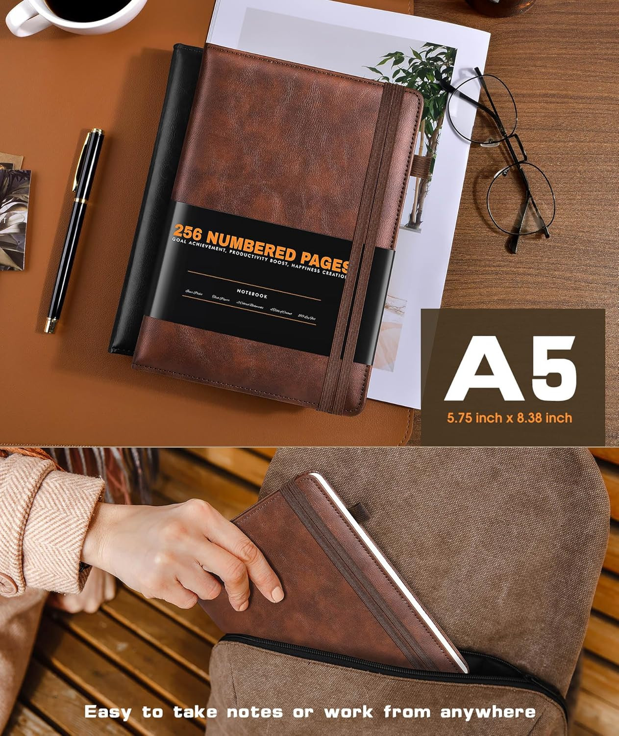 Lined Journal Notebook for Women Men, 256 Numbered Pages Hardcover Leather Journ