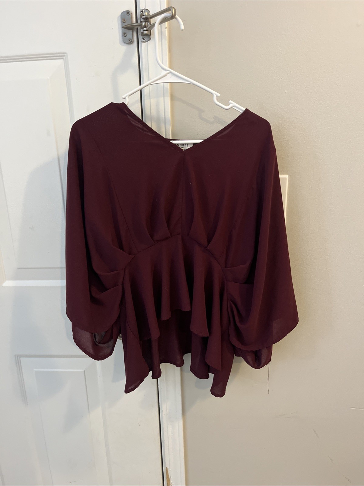 Andree by Unit Burgundy Wine Peplum Top 3/4 Sleeve Small Ruffle Detail Boho