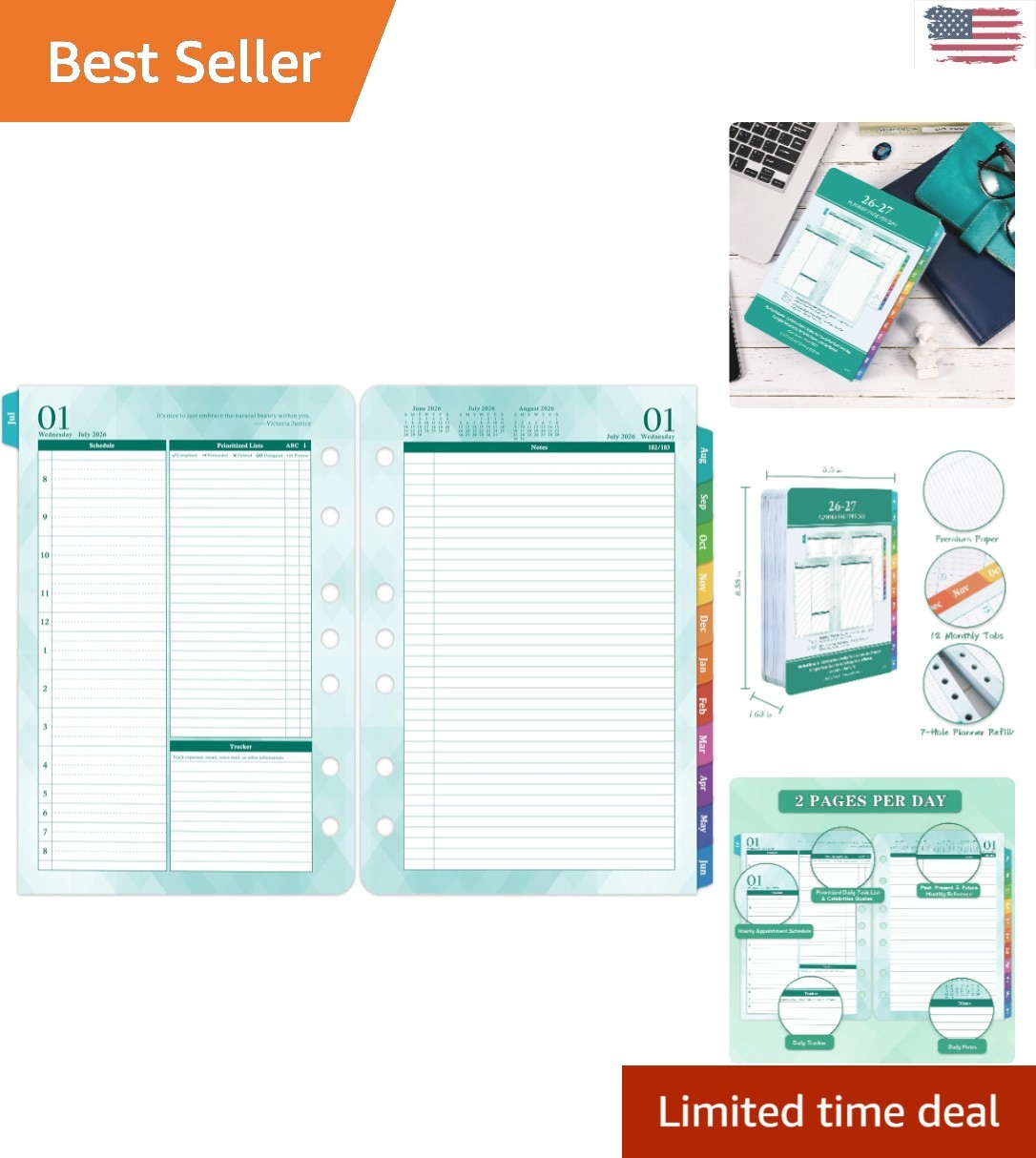 Inspire Daily Productivity with 2026-2027 Two Pages per Day A5 Planner Refills
