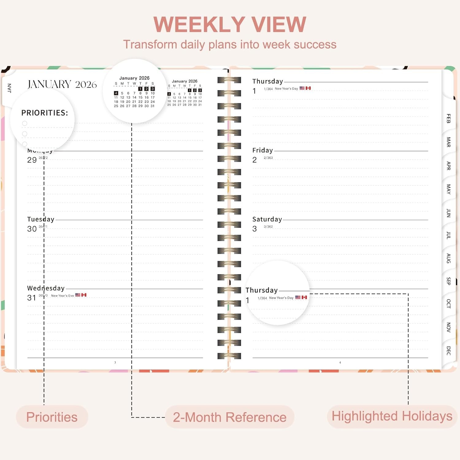 2026 , Weekly and Monthly Calendar Agenda, Jan 2026 – Dec 2026, Planning Acad…