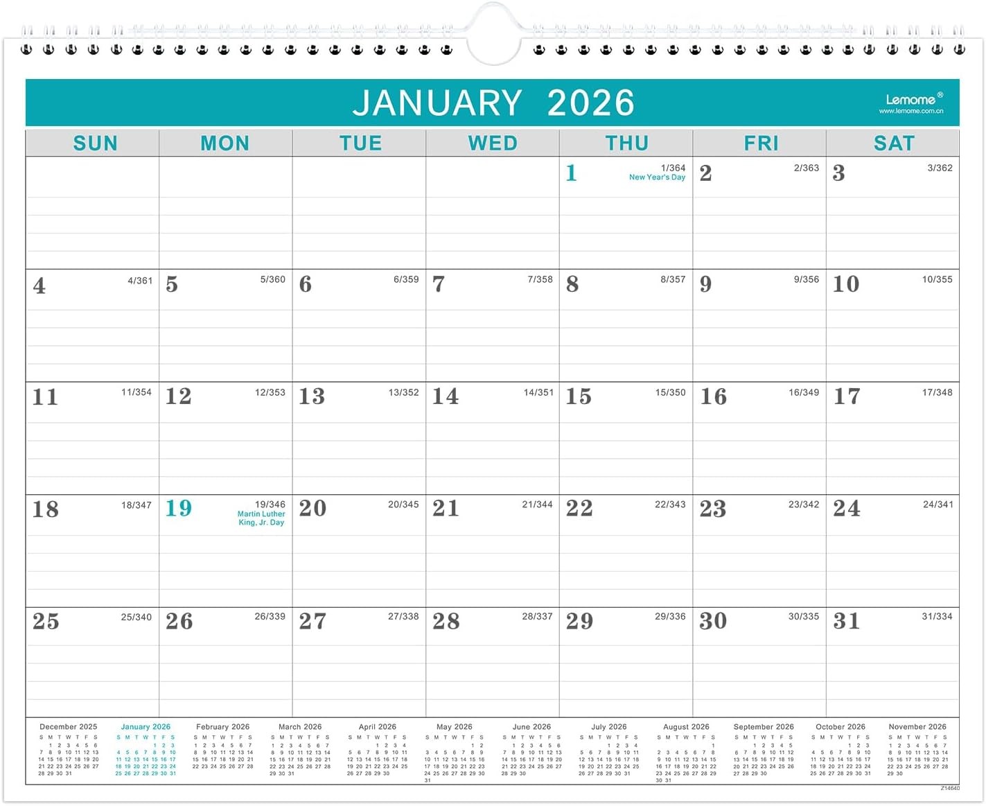 Calendar 2026, 12 Months from January 2026 to December 11.5 x 15 inch, Gray