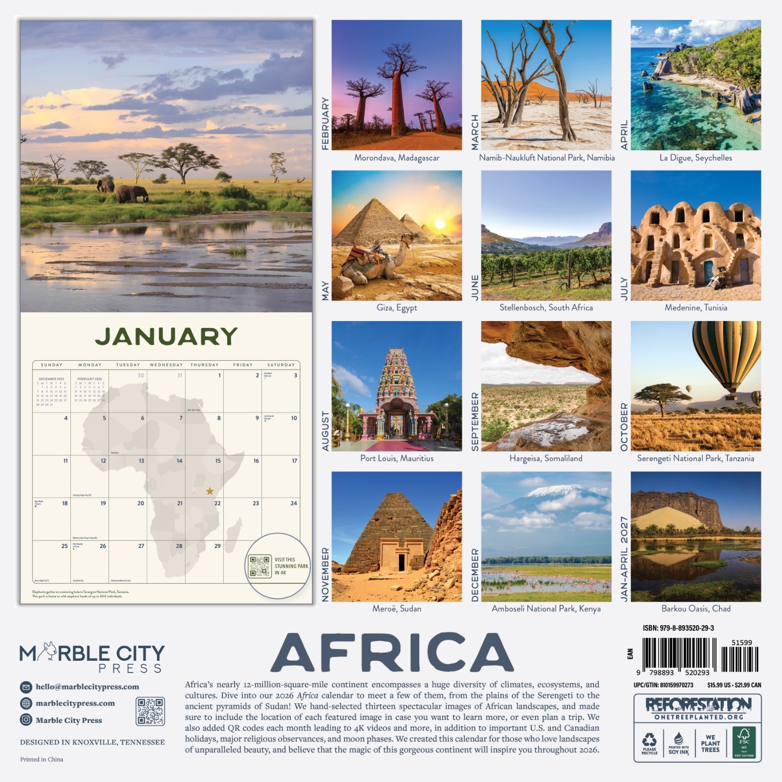 Africa Calendar 2026 | 12″ x 24″ 12 Month Calendar | Marble City Press