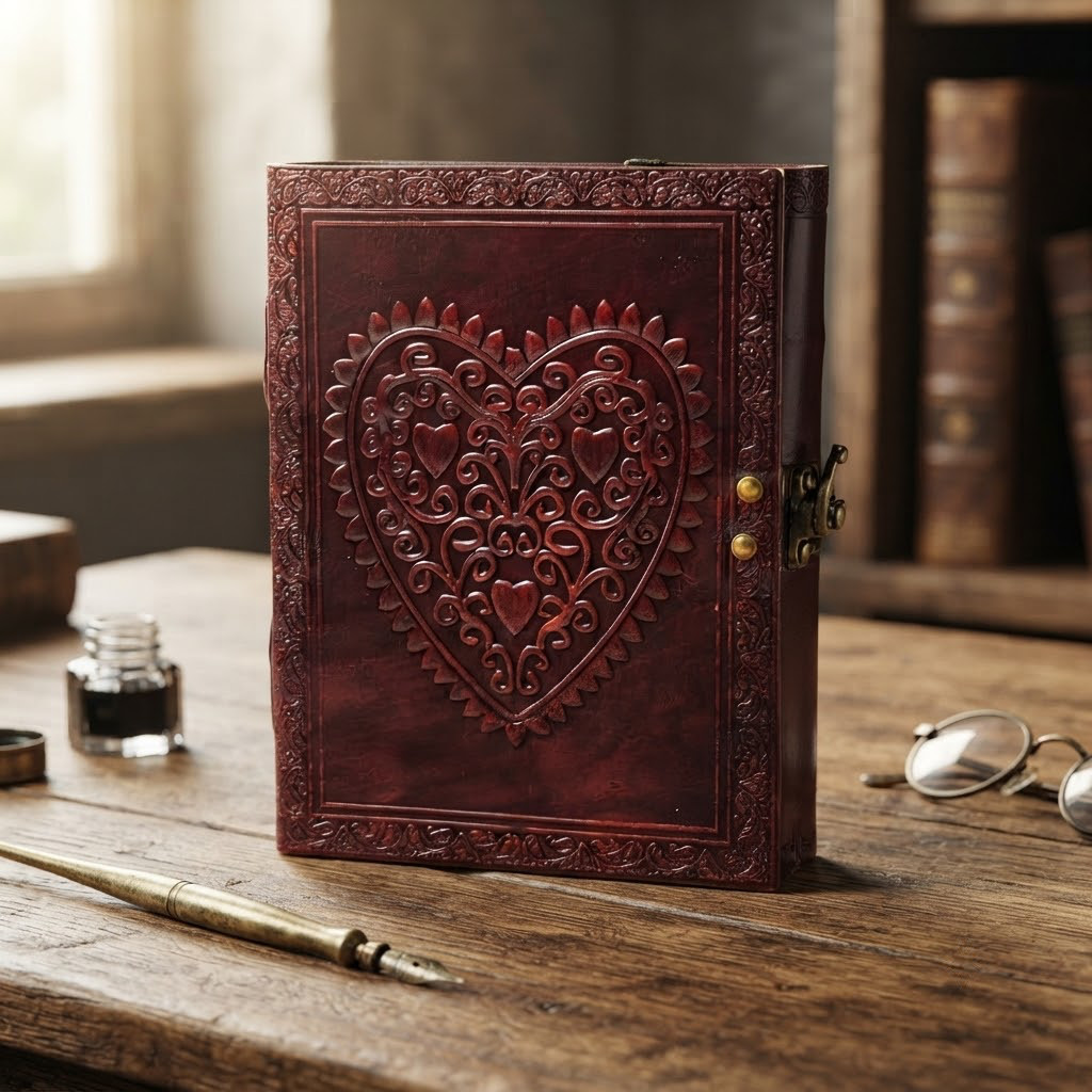 Embossed Heart Leather Journal 6×8 Handmade Writing Notebook 200 Pages
