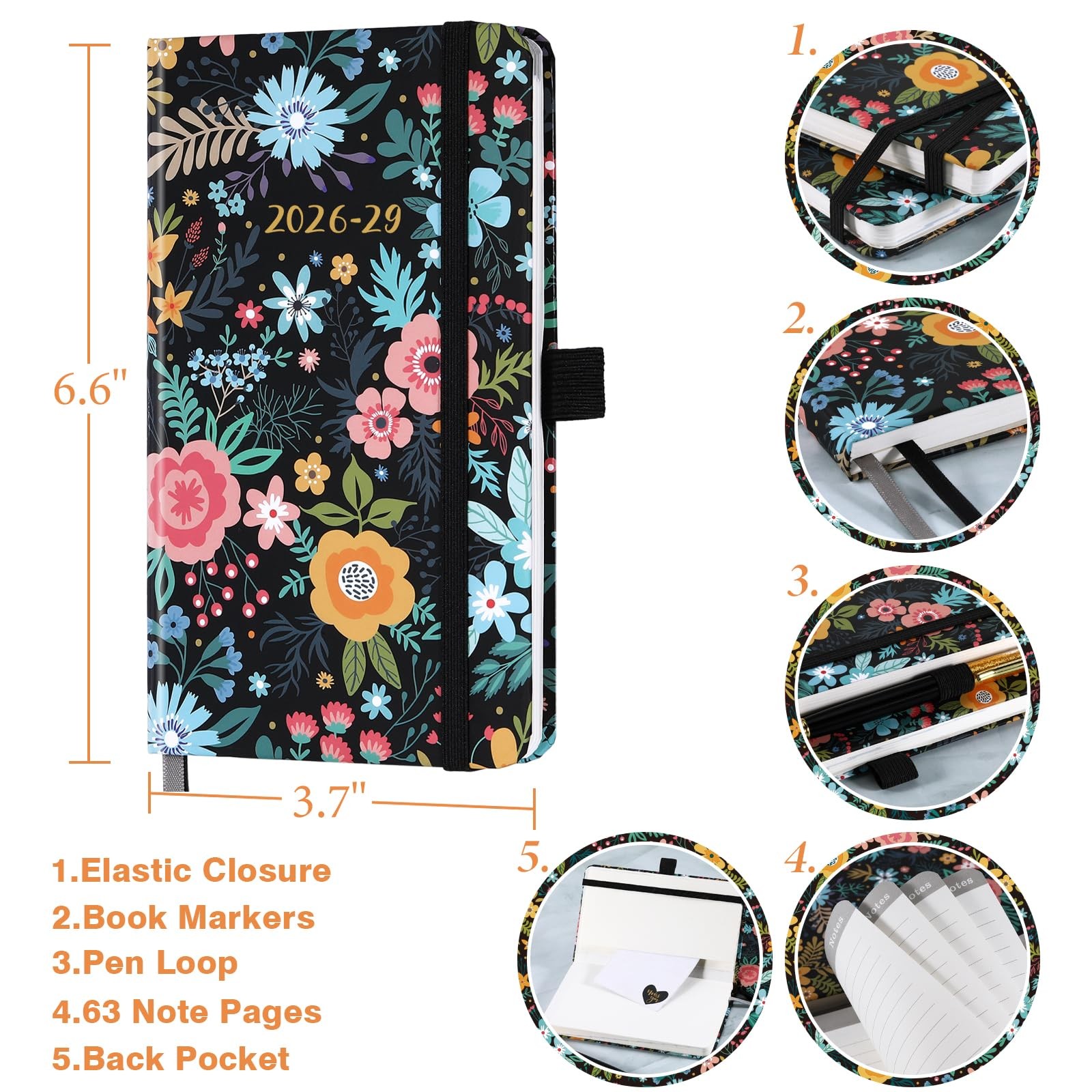 2026-2029 Pocket Planner/Calendar – Monthly 3 Year, Matte Black and Bloom