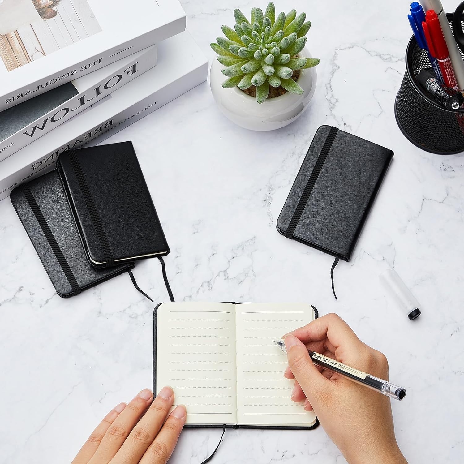 Compact 4-Pc Black Leather Notepad Set – 50 Pages Each for On-the-Go Notes