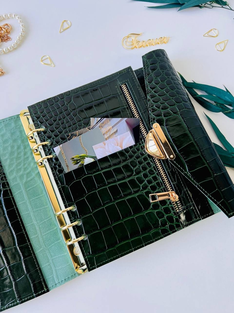 Green Genuine Leather Organizer – Croc Print notebook