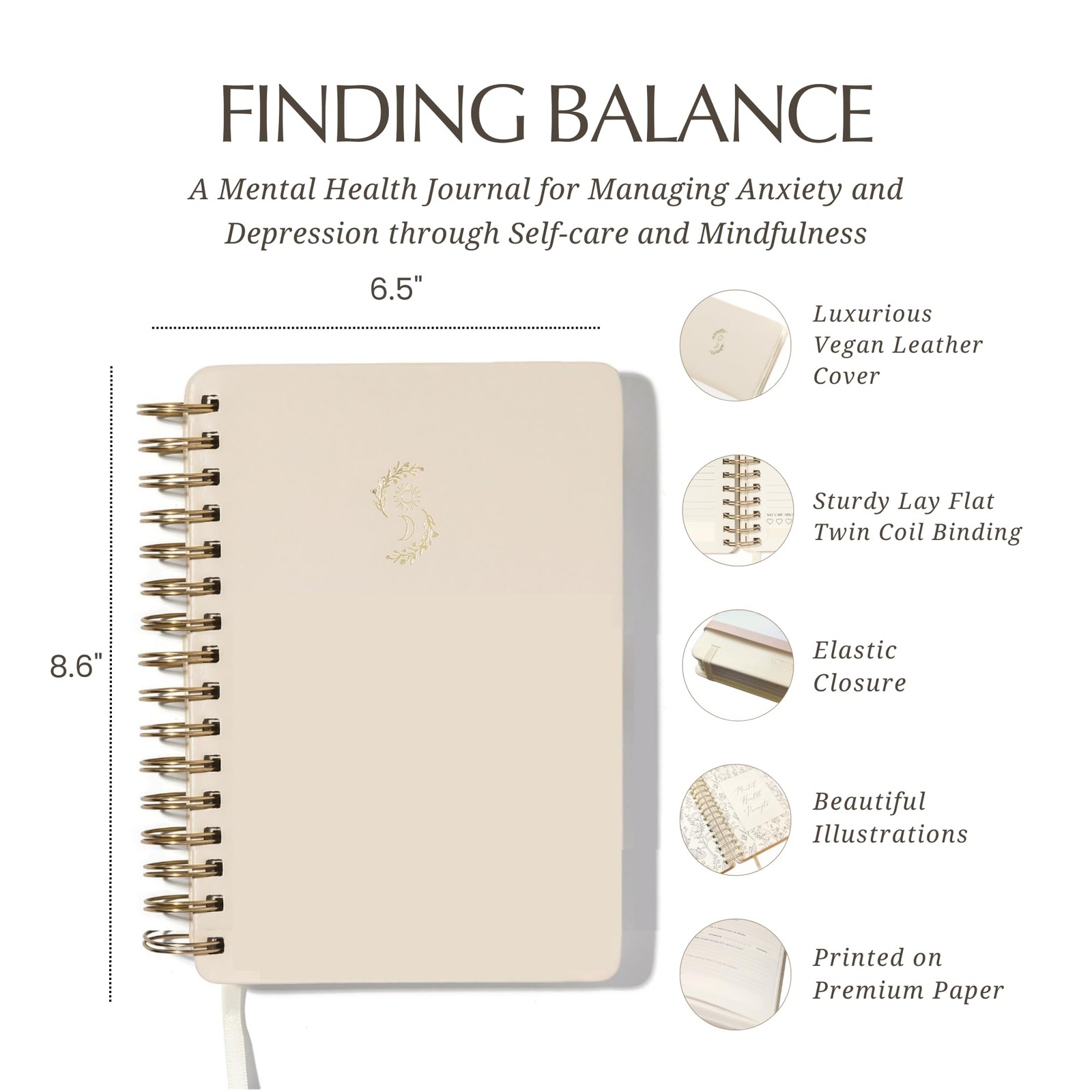 LIFTINSPIRE CO. FINDING BALANCE Mental Health Journal – 8.6″ x 6.5″, Sand