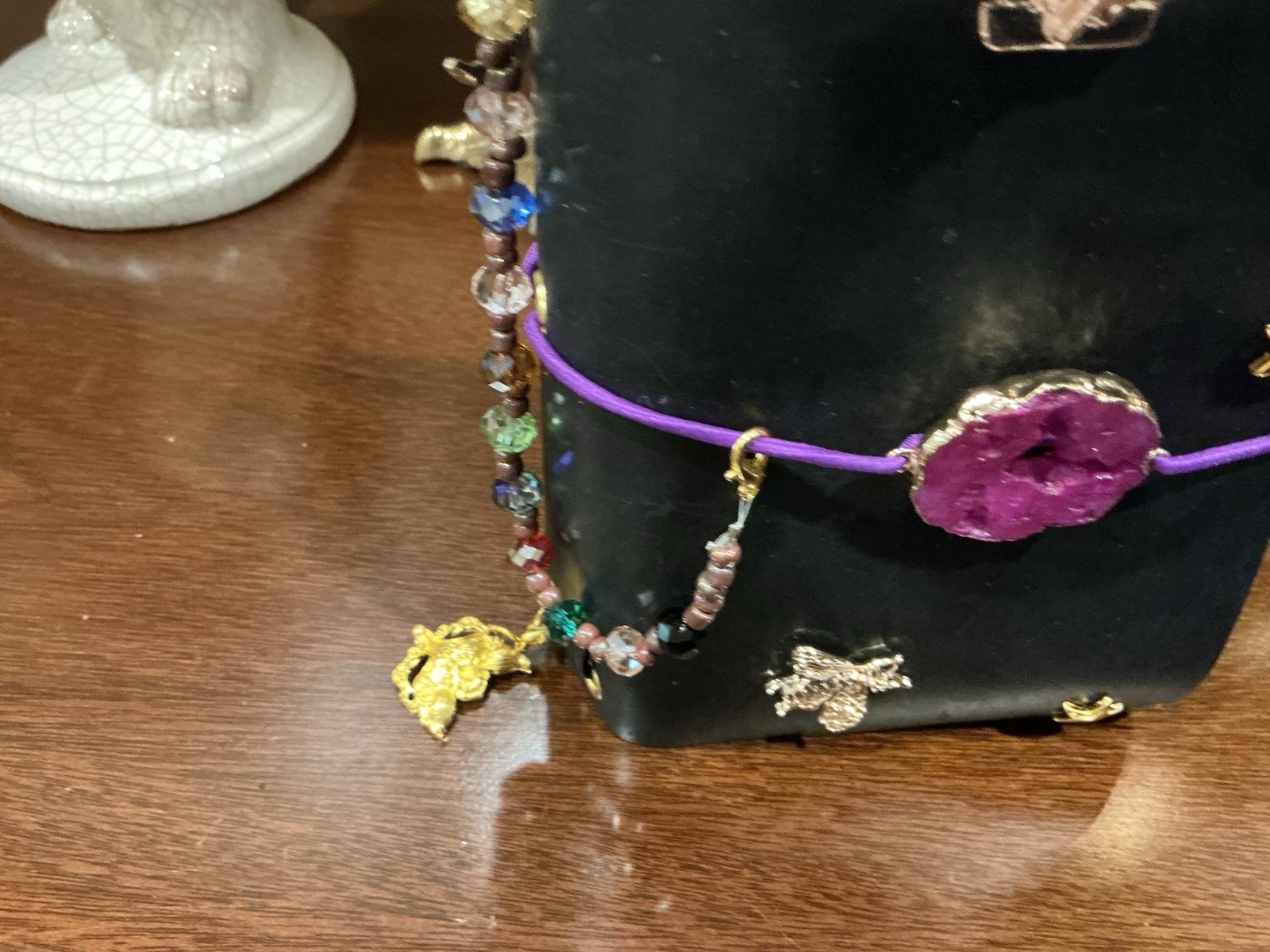 NEW Handmade Journal A6 Gold Hardware Purple Cord, pink druzy quartz charm