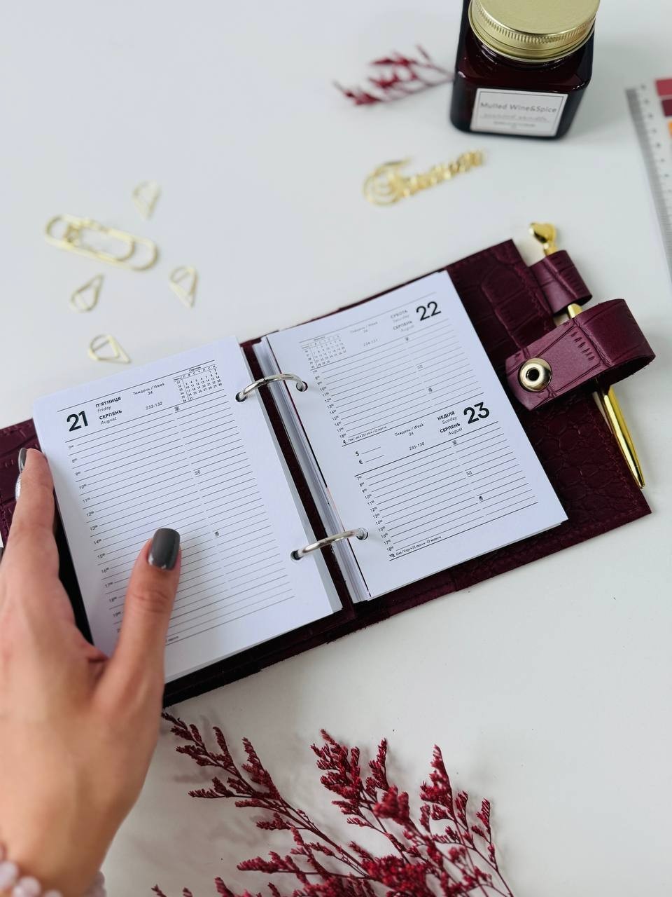 Burgundy leather notebook-wallet cover A7 Big rings mini wallet. Mini Planner.