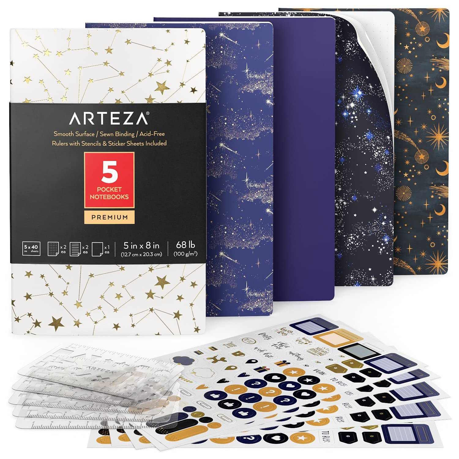 ARTEZA Pocket Notebooks, 5 x 8 Inches, Set of 5, 40 Sheets 5 Pack, White