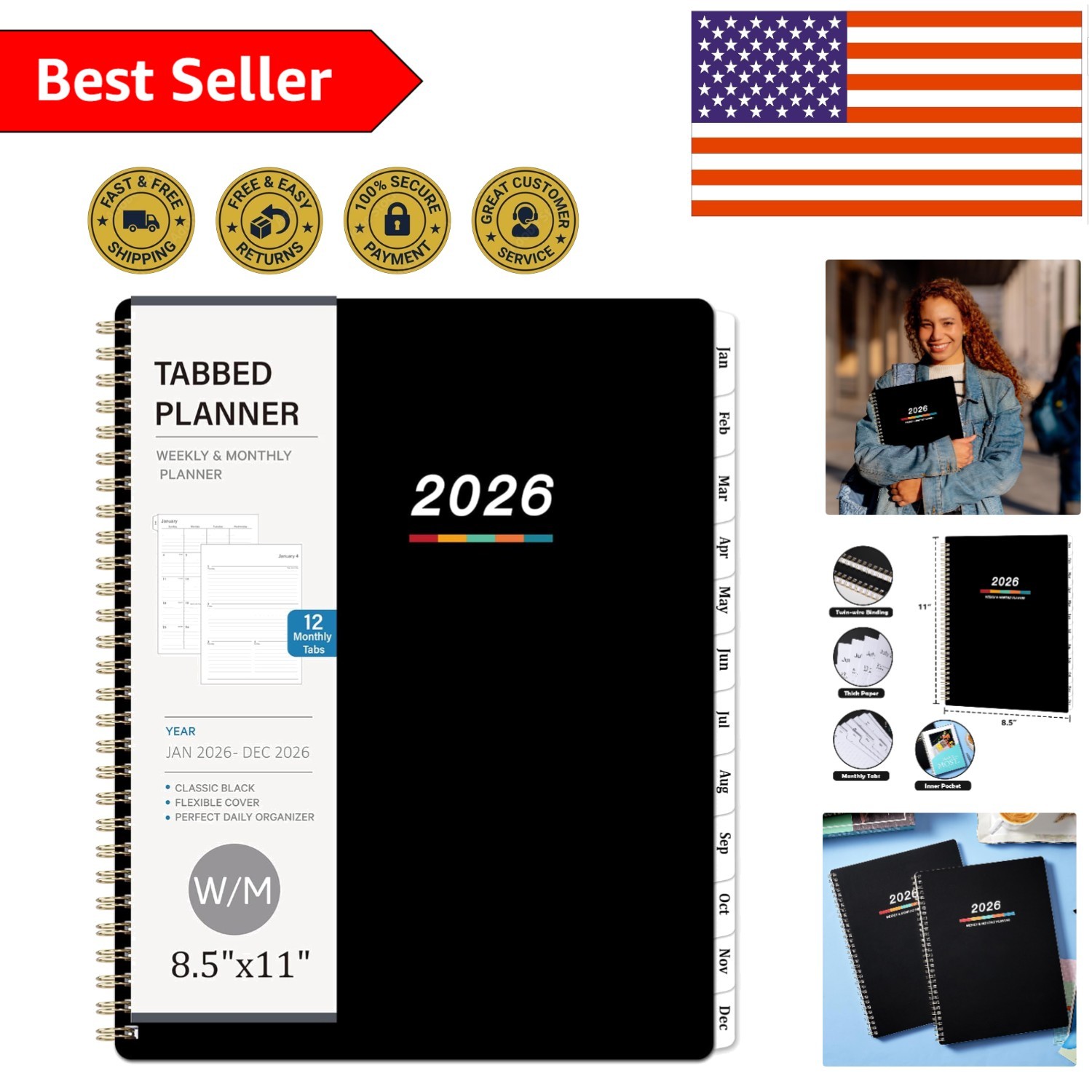 Stylish 2026 Calendar Planner – Flexible Cover, Lay-flat Design, 8.5″ x 11″