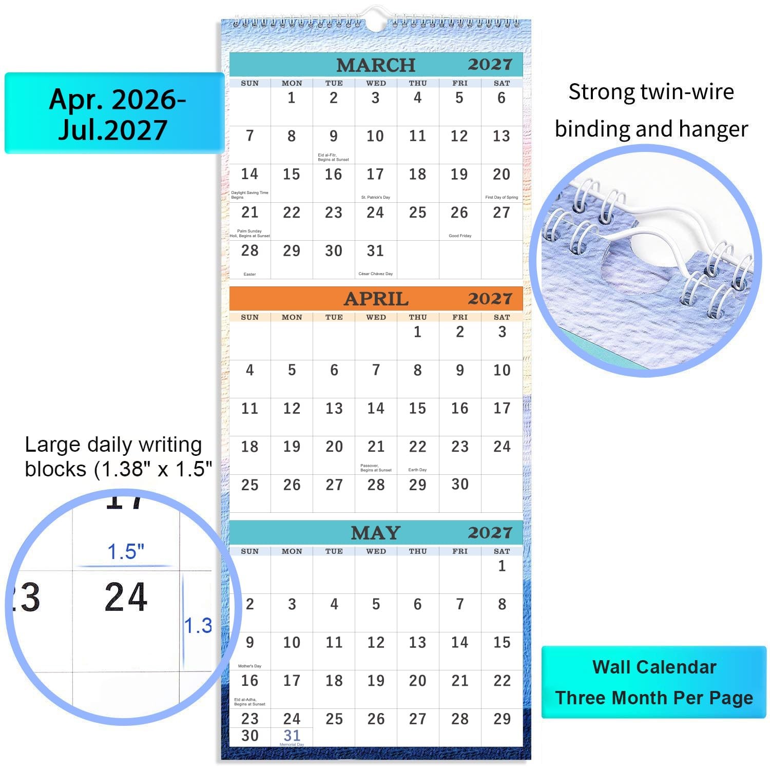 2026-2027 Wall Calendar – April 2026 – July 2027, 3-Month Large, White