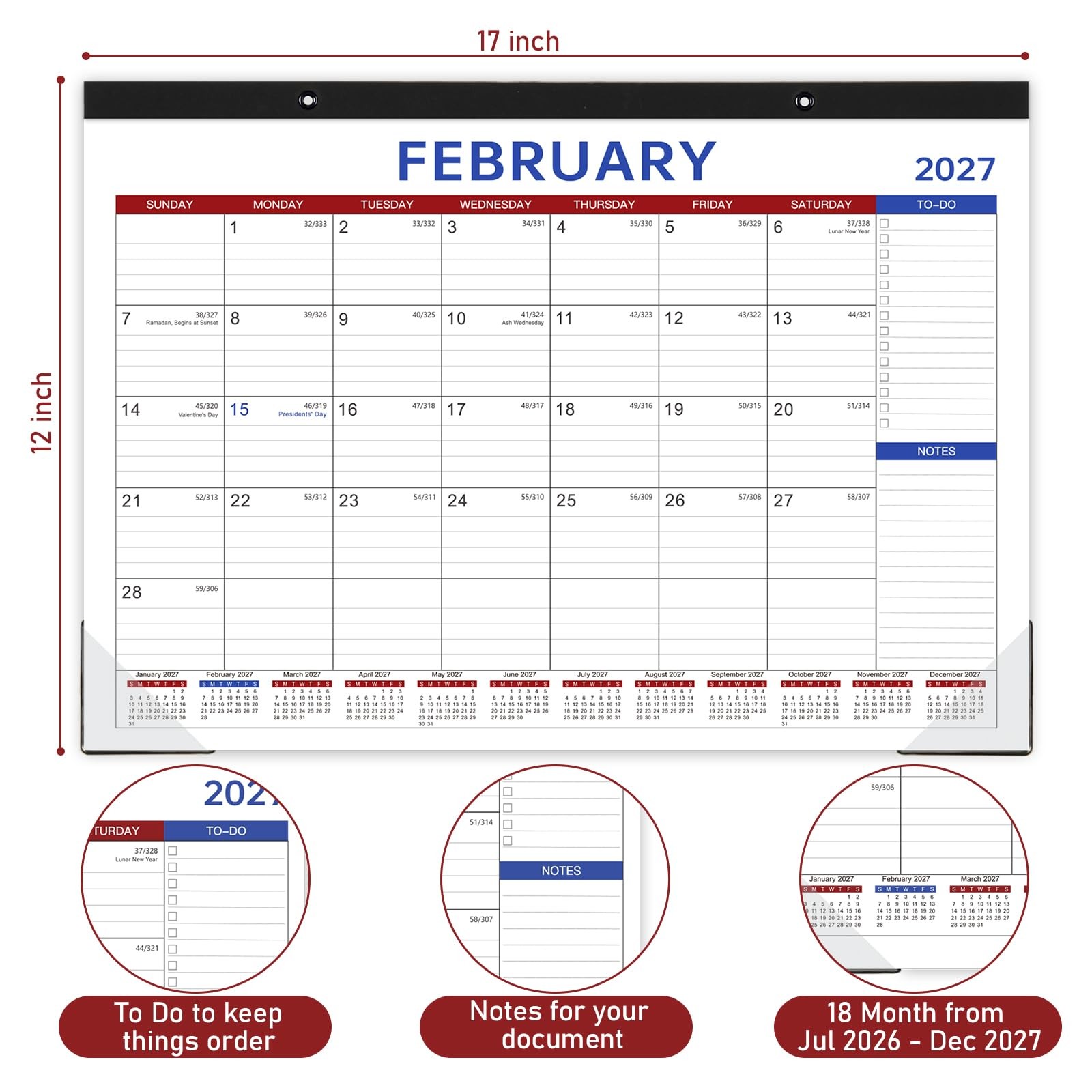 Desk Calendar 2026-2027 – 17″ x 12″, Black, Grey, Blue, Purple, Red