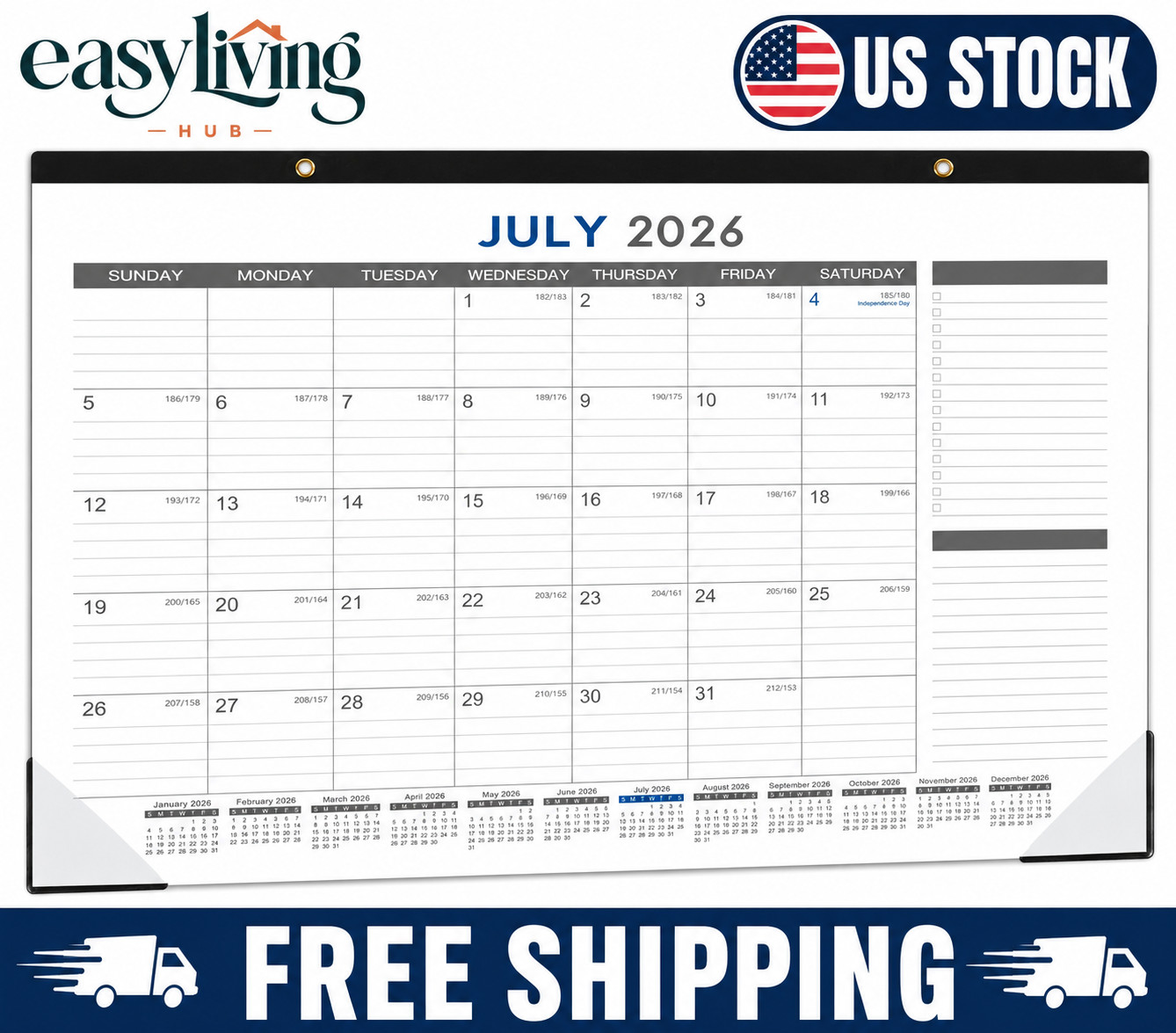 2026-2027 Desk Calendar – July 2026 – Dec 2027, 18 Months 17″ x 12″, black
