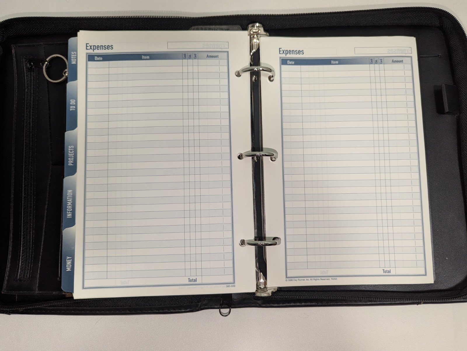 Day Runner Fact Centre Black Faux Leather 3-Ring Zipper Planner, Inserts incl.