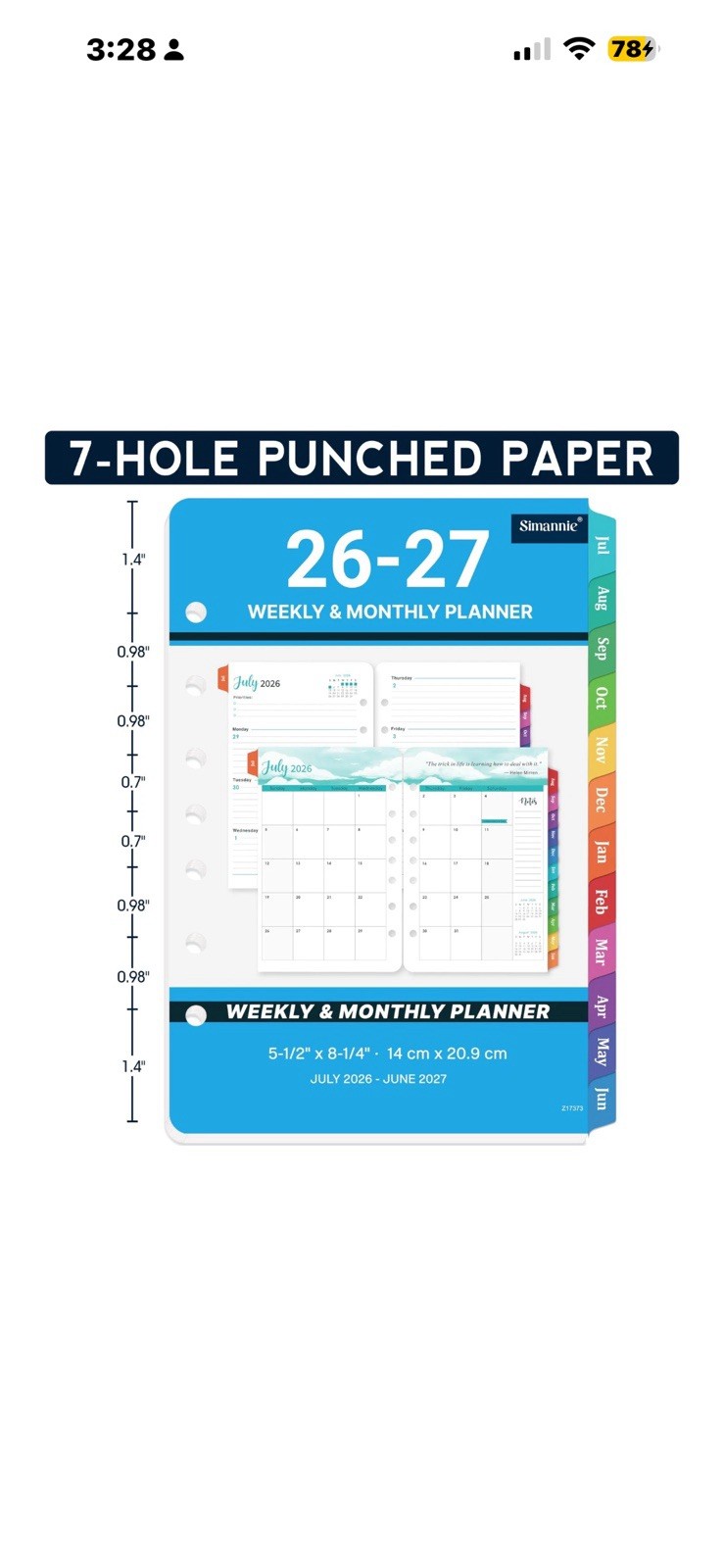A5 Planner Refills 2026-2027 Weekly Monthly Inserts 7 Hole Jul26-Jun27 Tabs (