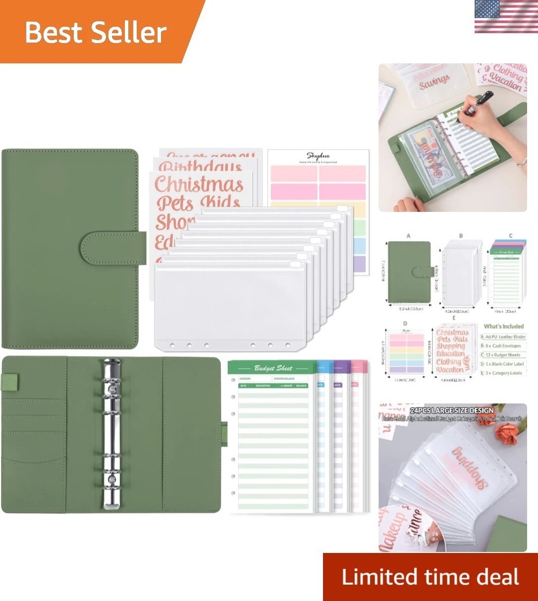 Compact A6 Faux Leather Budget Binder with 8 Envelopes & 12 Expense Sheets