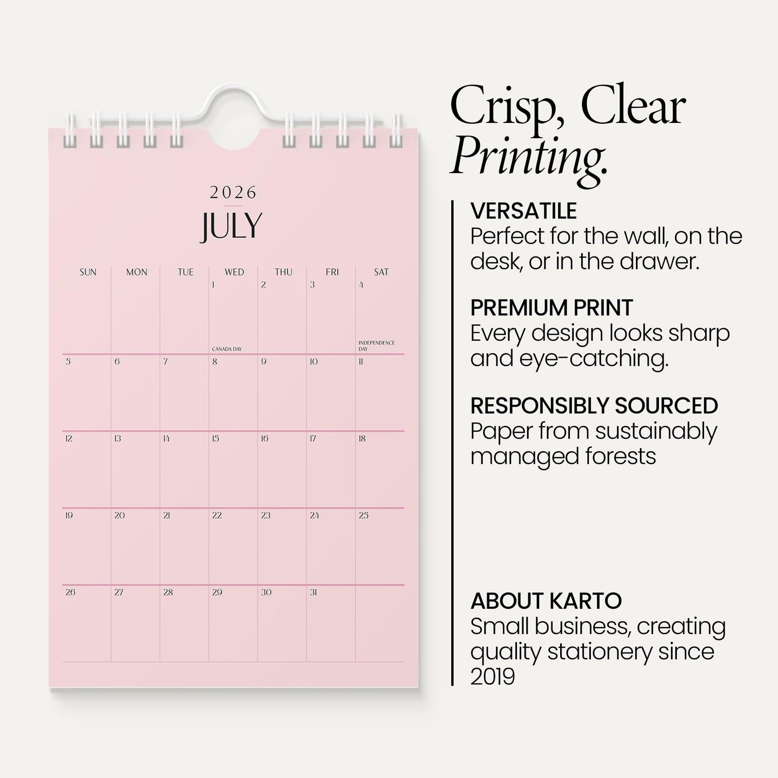 Karto Small Wall Calendar 2026 – Vertical 6×9 inch January 2026 Small, Pink