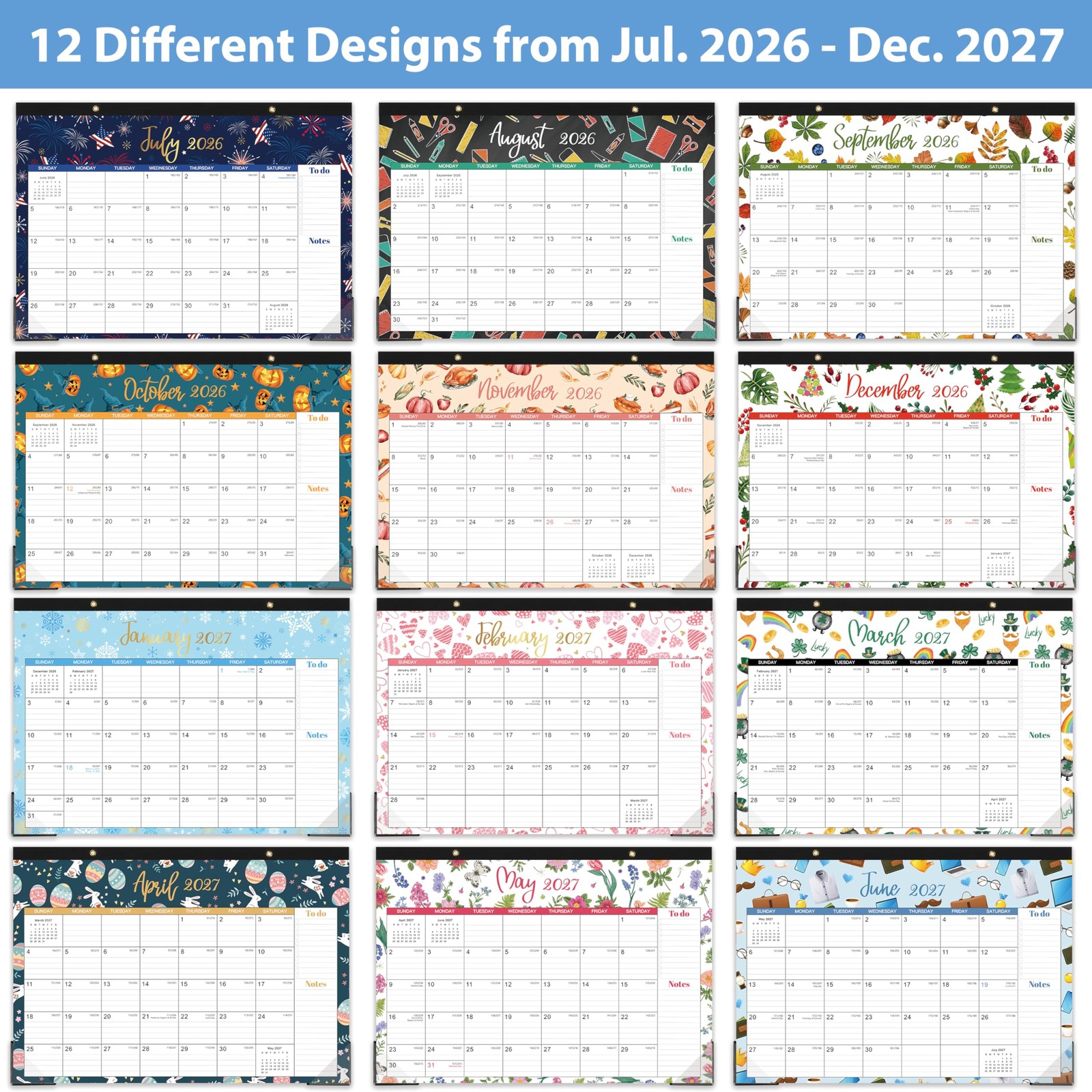 Desk Calendar 2026-2027 – July 2026 – December 2027, 17″ x 12″, Multicolored