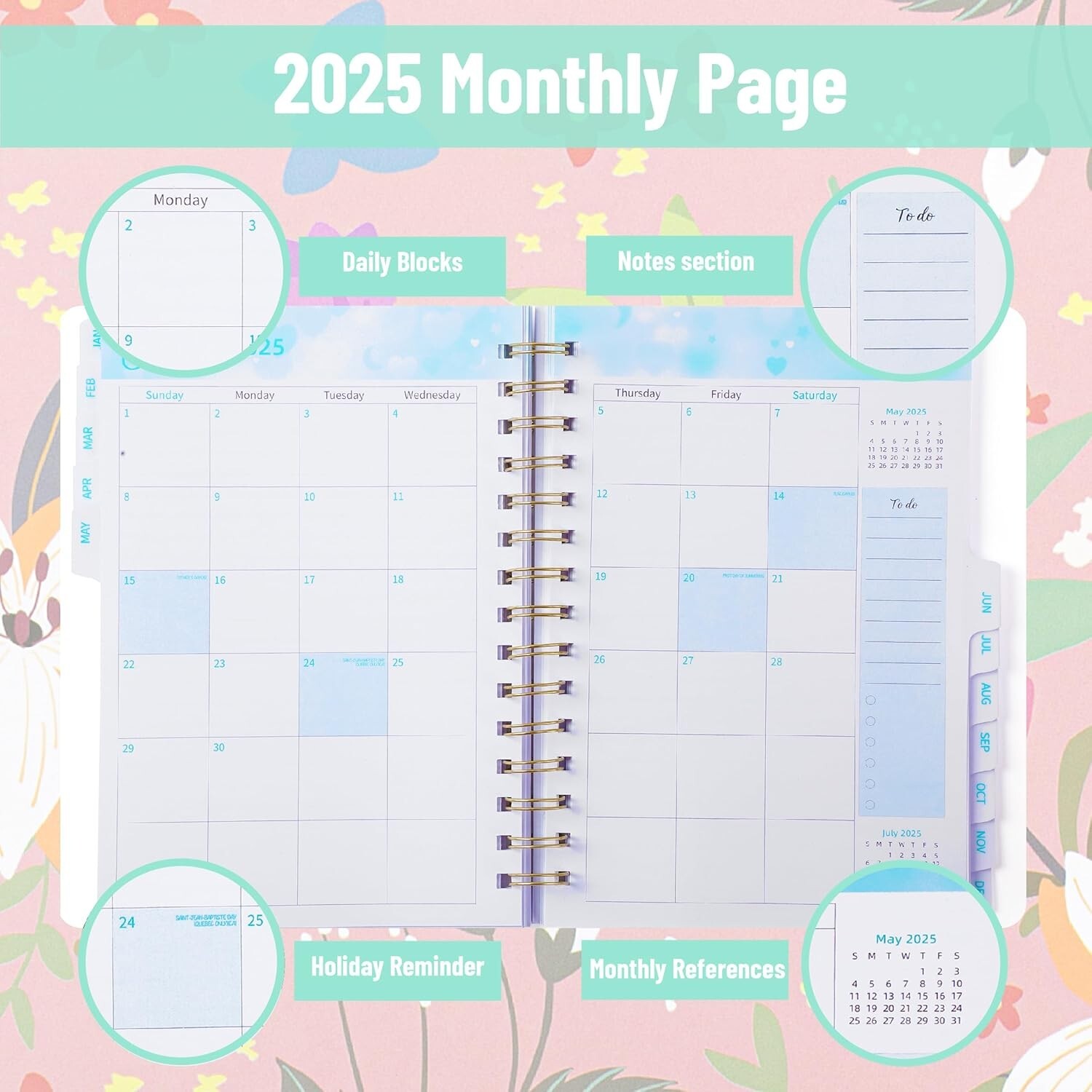 2025 Weekly /Monthly spiral planner, appointment book -6.4″x8.5″ – pink color