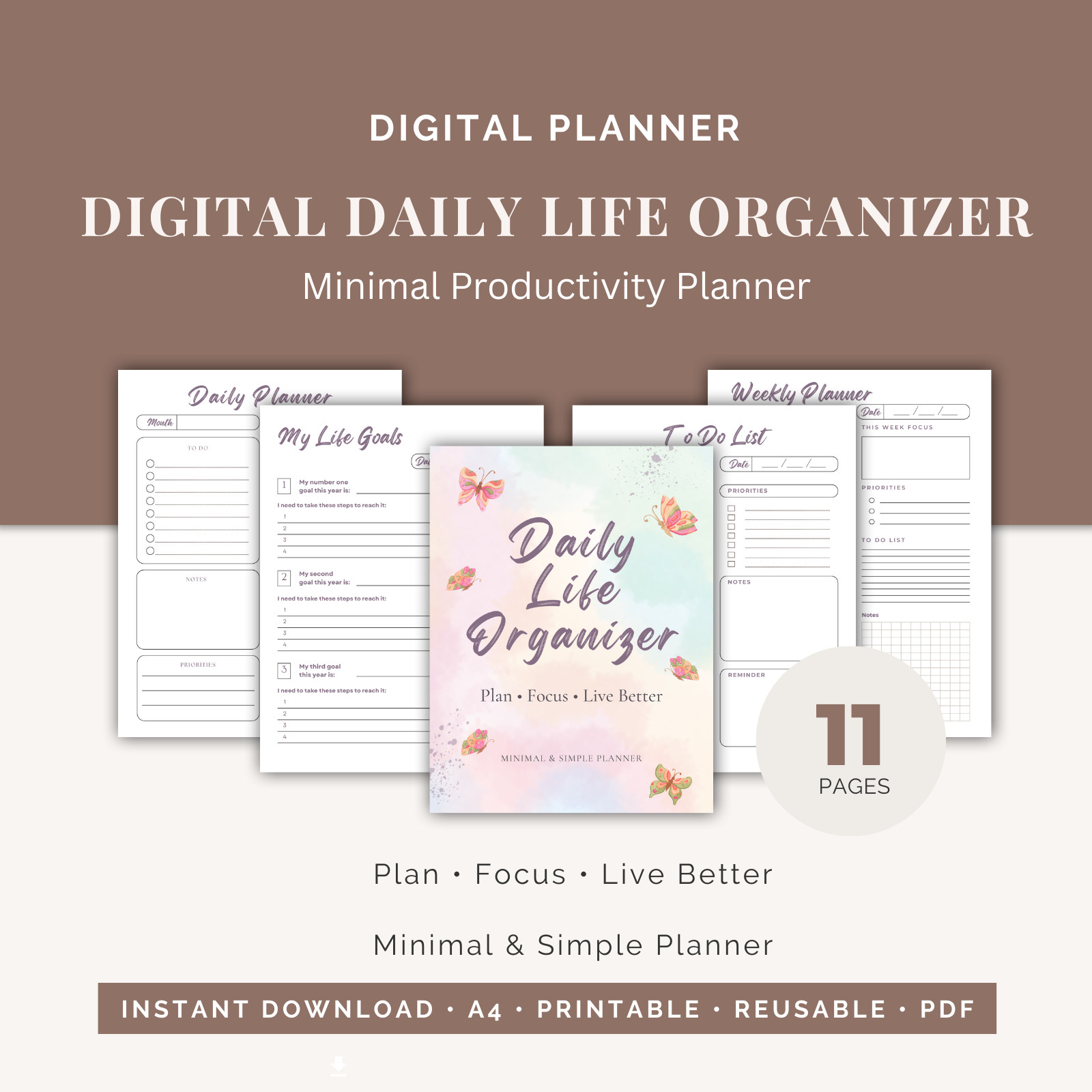 Digital Daily Planner PDF | Minimal Life Organizer & Goal Planner