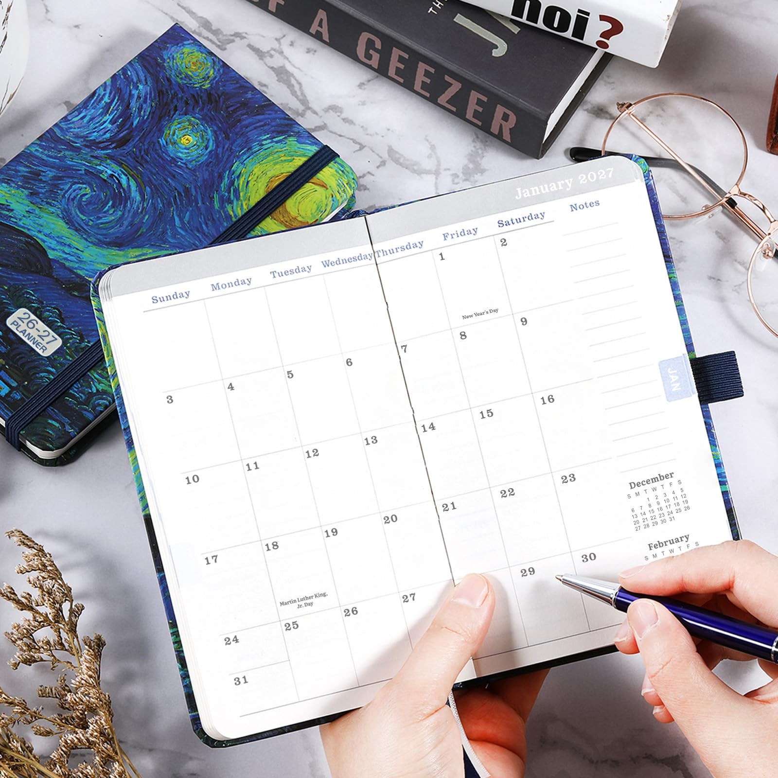 Pocket Planner 2026 2027 Weekly Monthly Calendar 3.8 x 6.3 Hardcover Pen Holder