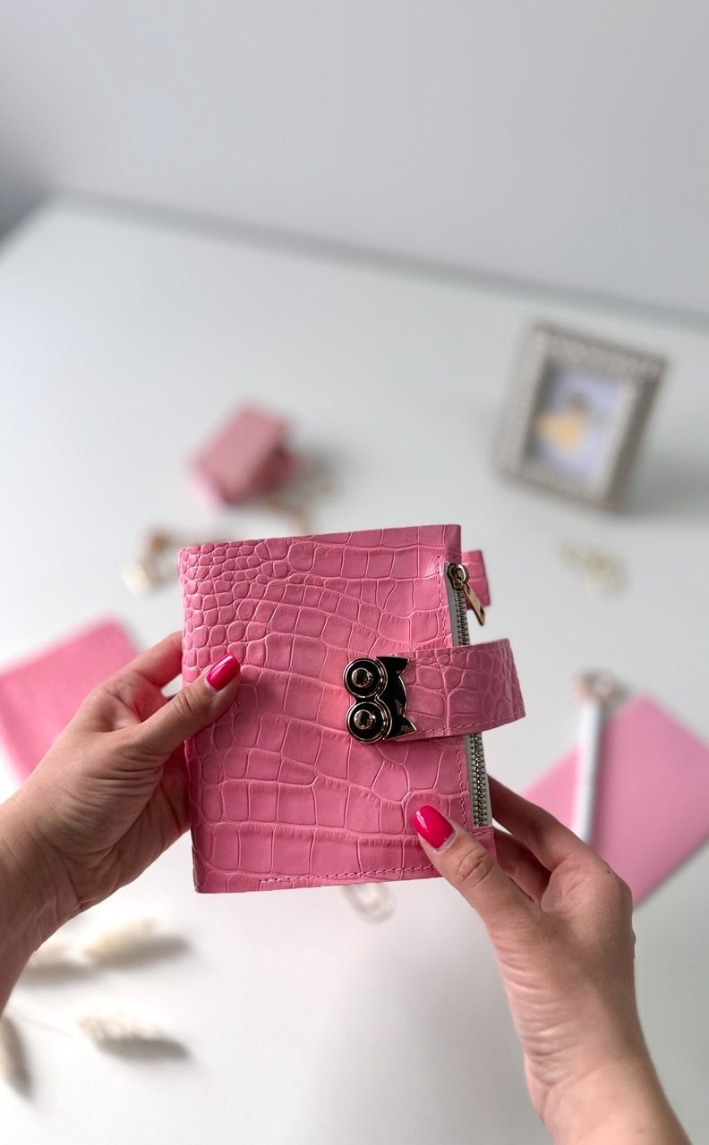 Owl Leather Mini Planner Set – Pocket Size A7 binder 6 rings– pink Croc Embossed