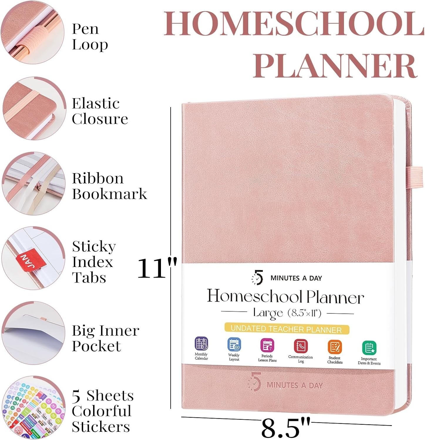 Homeschool Planner, Undated Teacher Planner & Lesson Plan Book ROSE GOLD 8.5X11