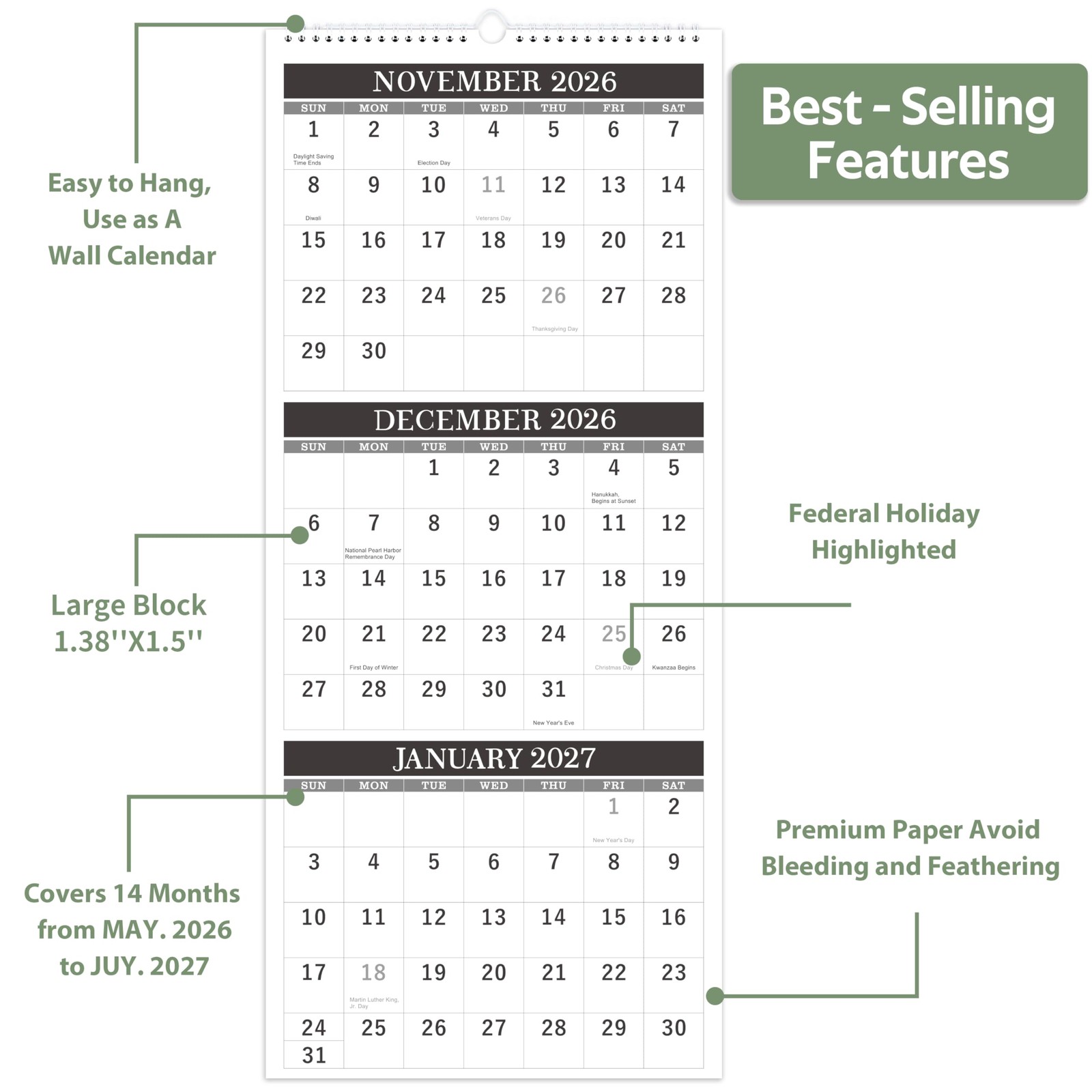 Calendar 2026-2027 – Wall 2026-2027, April 2026 – July 2027, Black