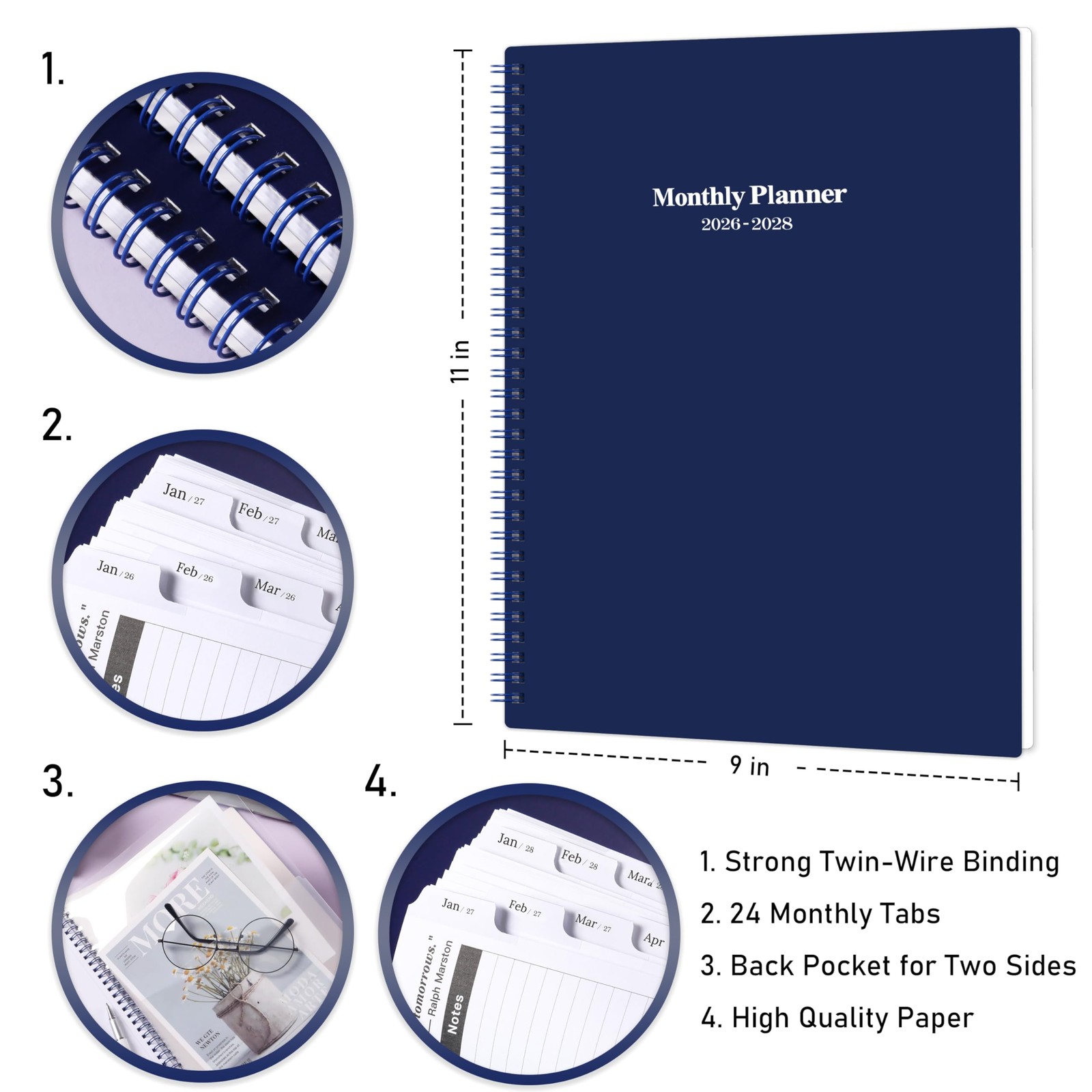 2026-2028 Monthly Planner – Calendar 9″ x 11″, Navy Blue
