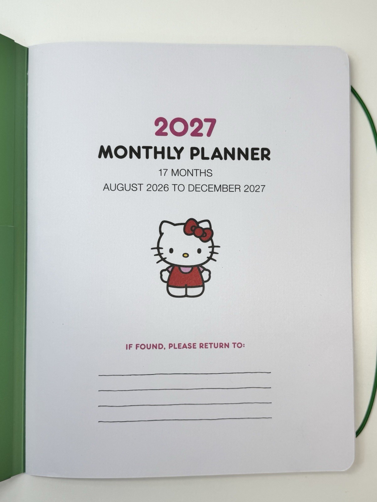 2026 – 2027 Sanrio HELLO KITTY 17 Months Monthly Planner Pink Green Size MEDIUM