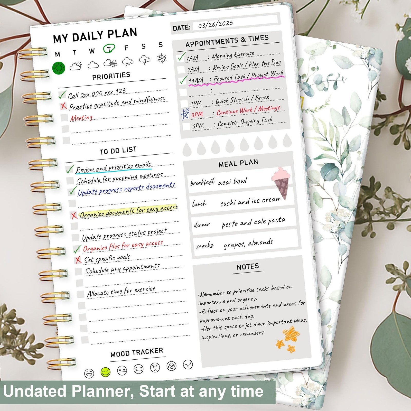 Daily Planner Undated – 6.5″x8.5″ To Do List Notebook Spiral Appointment Plan…