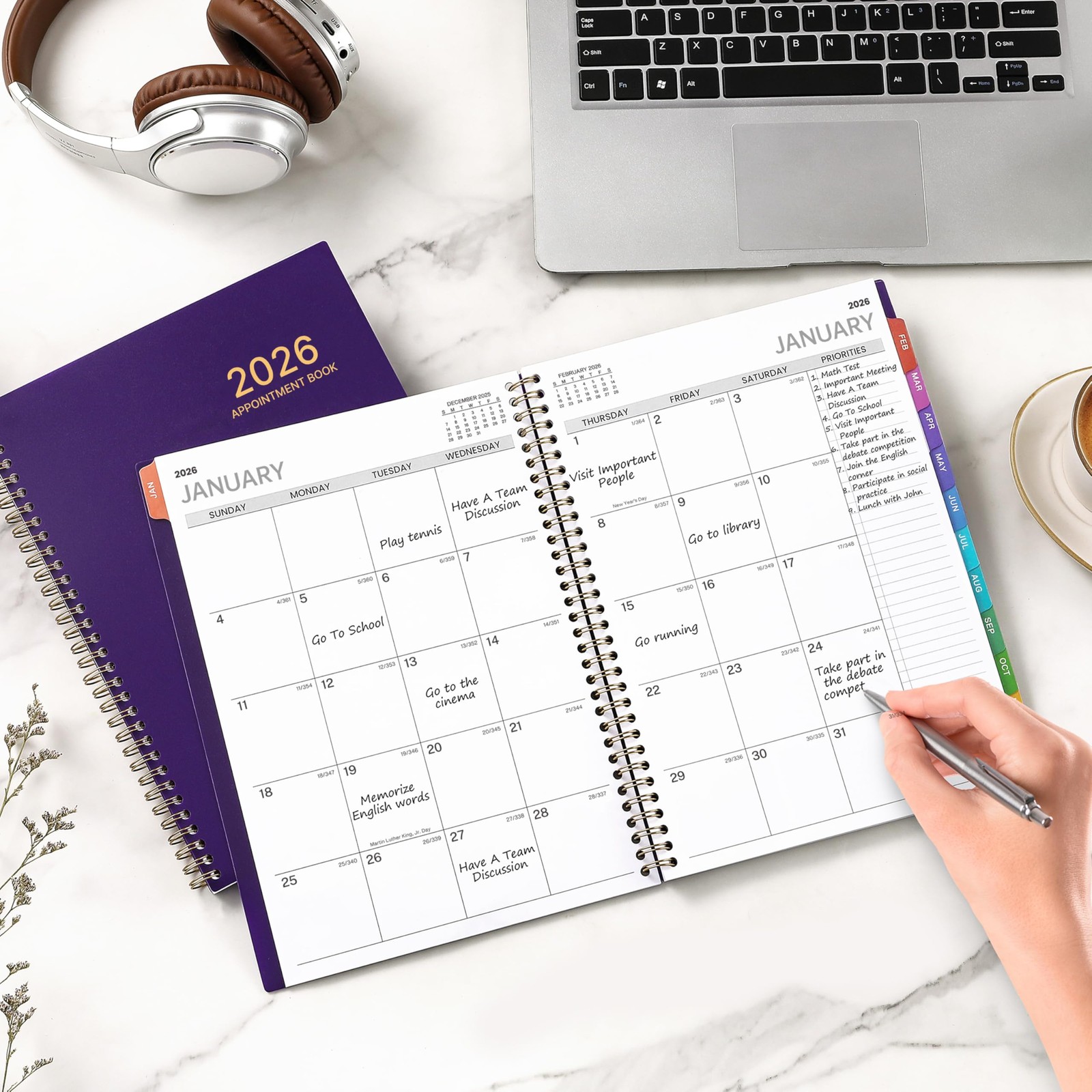 2026 Daily Planner – 8.2″x11″, Hourly Schedule, 12 Monthly Tabs, Back Pocket