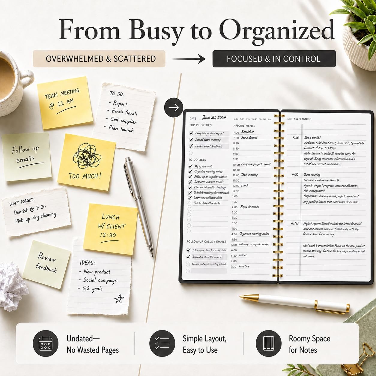 Daily Planner with Hourly Schedules – Undated To Do 5.5 x 8.5 inches, a.Black