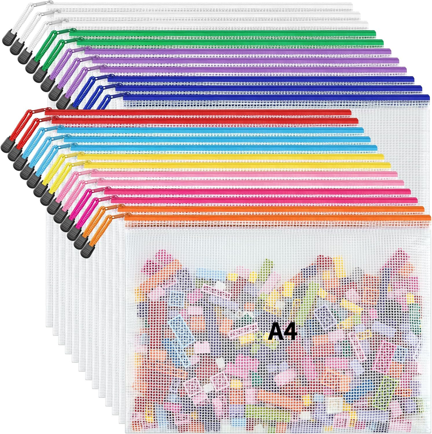 A4 Letter Size 24 Pack 10 Colors Zipper Mesh Document Pouch, Mesh Bags for Board