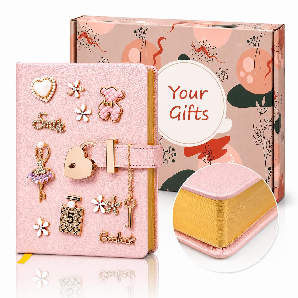 Diary with Lock & Key – 5.31×6.89 Inch, 144 Pages, Pink Heart Journal – Gift Box
