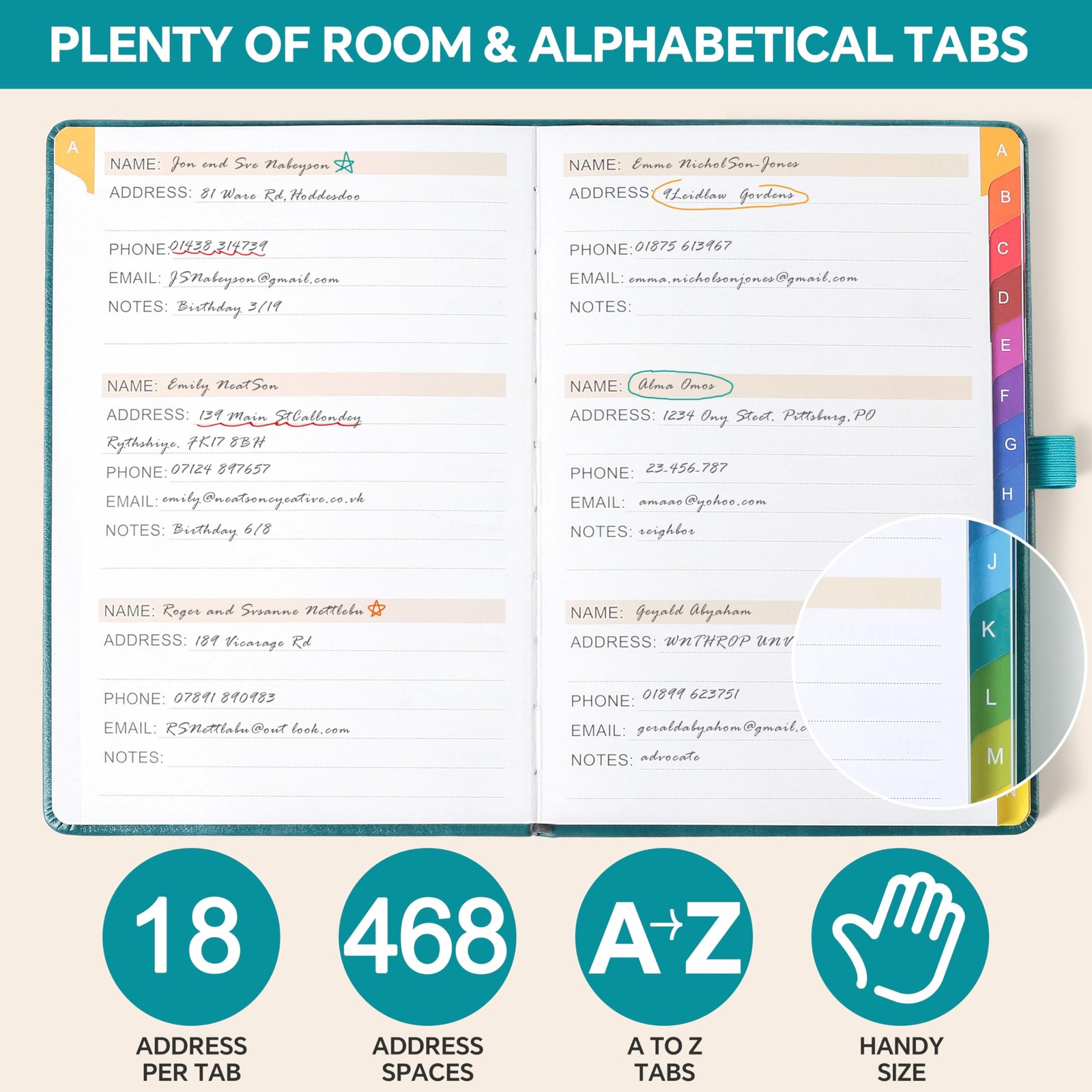 Address Book with Colorful Alphabetical Tabs (8.4″ x 5.8″) – Address Books fo…