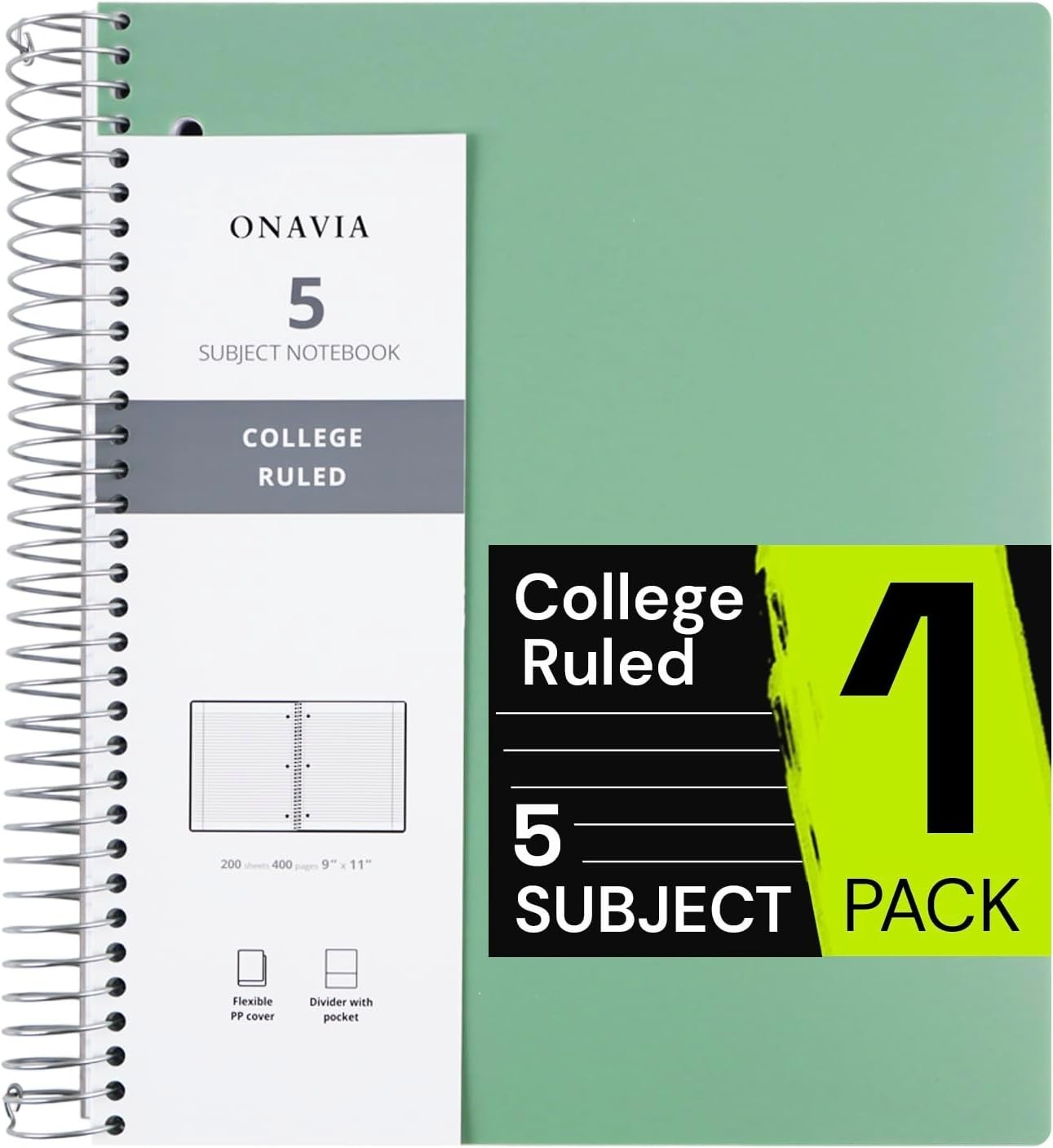Spiral Notebook for School, 5 Subject, College Ruled Paper, 200 Sheets, 9″ x 11″