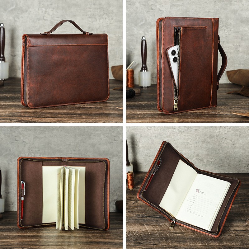 A5 Leather Journal Cover Zippered Portfolio Business Notebook Sleeve Pen Holder