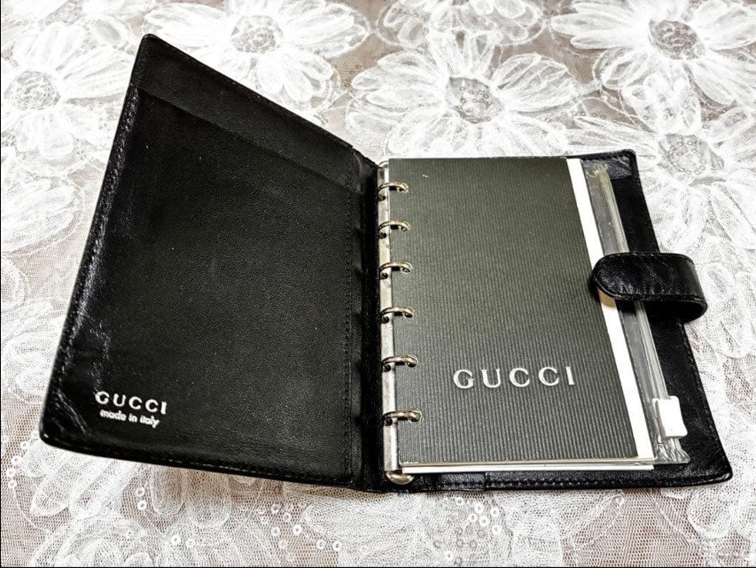 Gucci Notebook Cover Logo Plate Agenda Leather Black Used From Japan