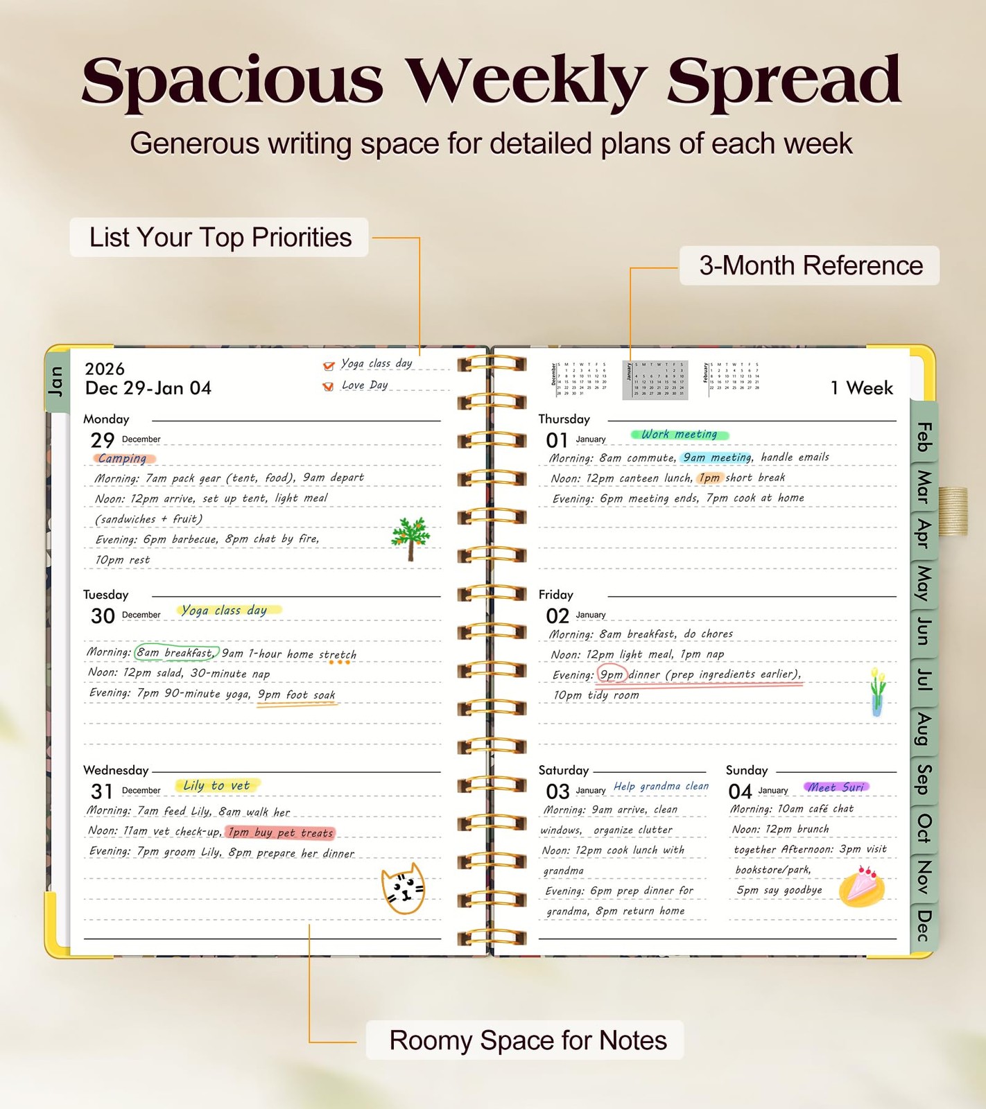 2026 Planner, Hardcover Weekly and Monthly Planner for Women, A5, Petals