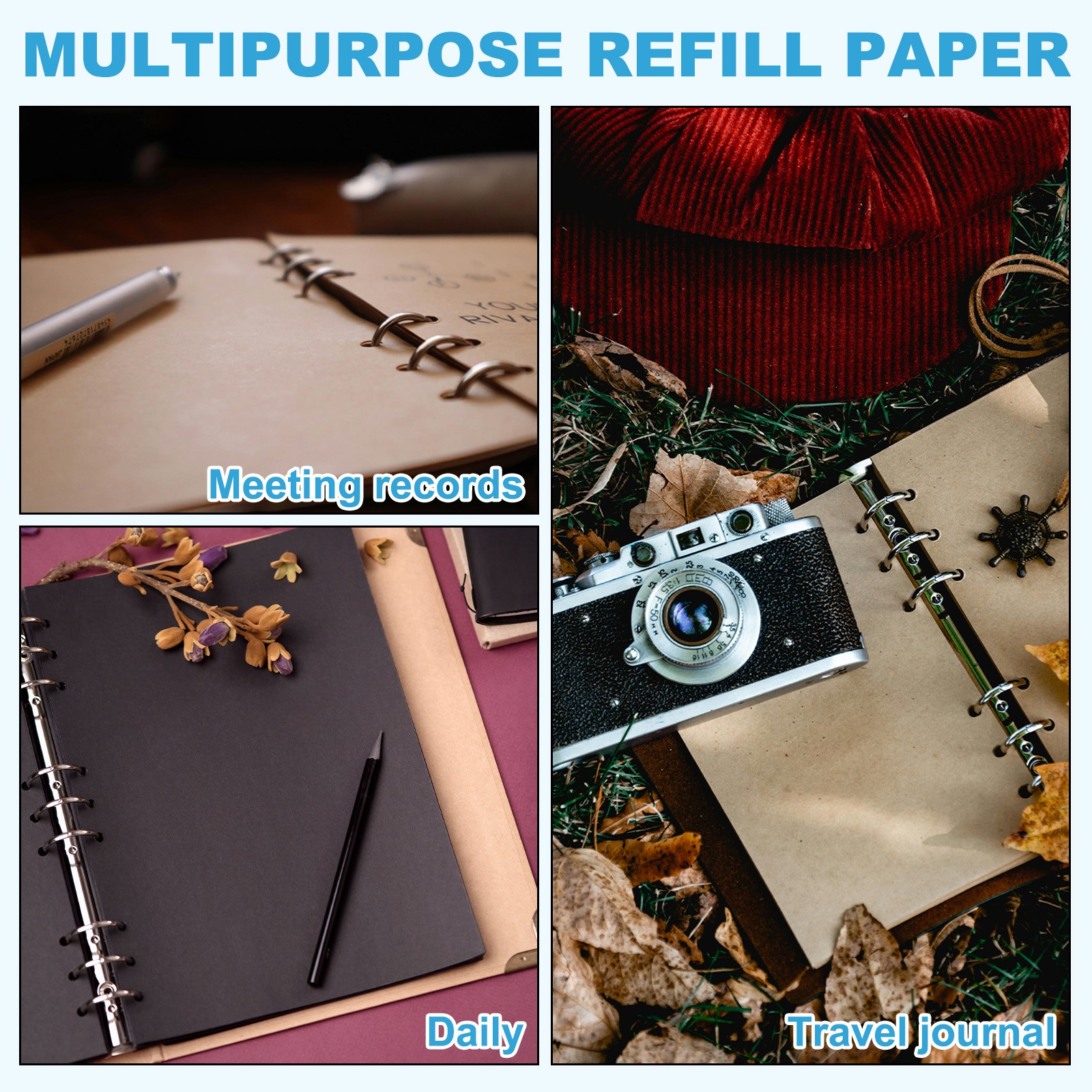Refill Paper, Unlined Blank Kraft Paper 9 Ring Binder, 80 Sheets/160 Pages