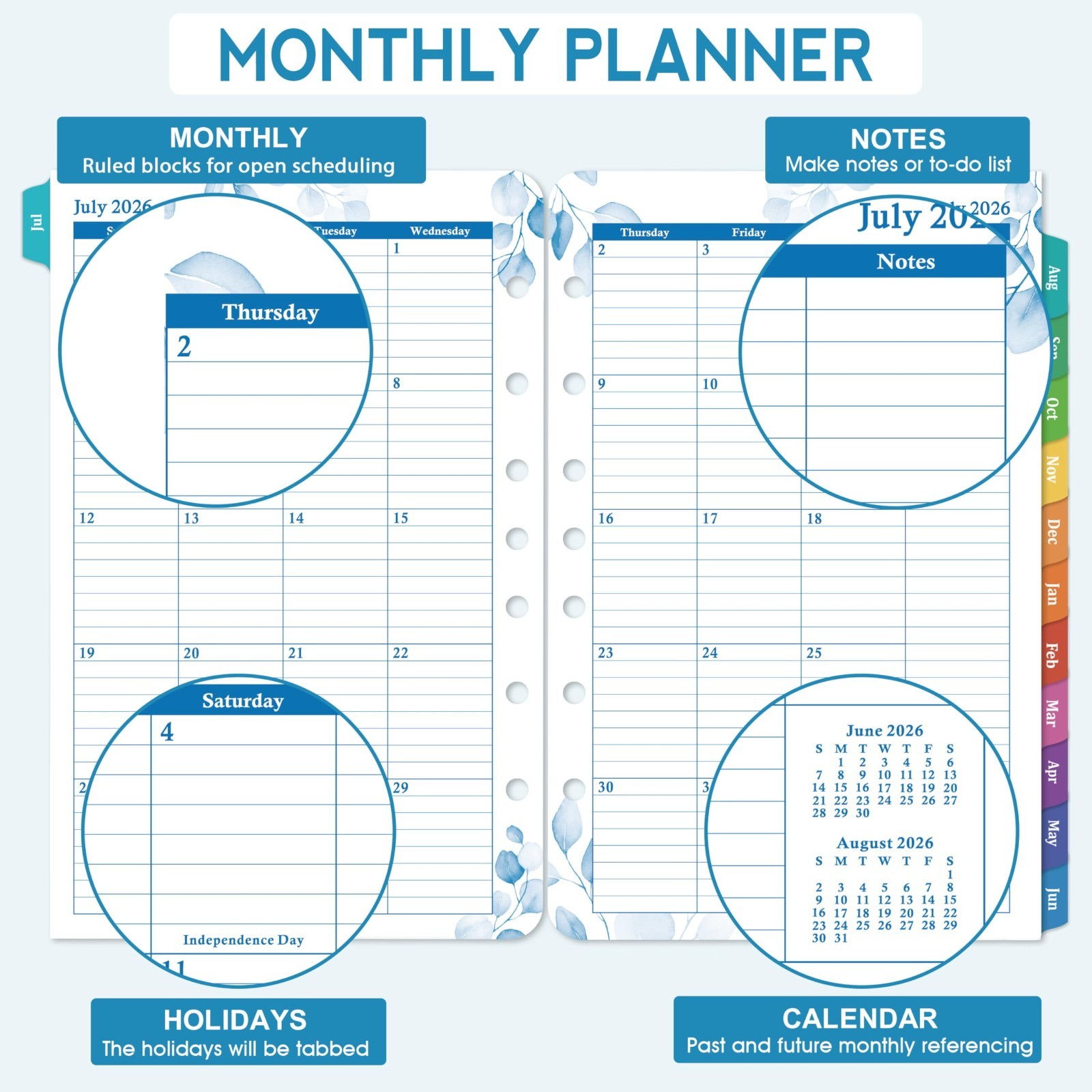 Daily Planner Refills 2026-2027, Two Pages Per Day, Monthly Inserts, 8.38″x5.51